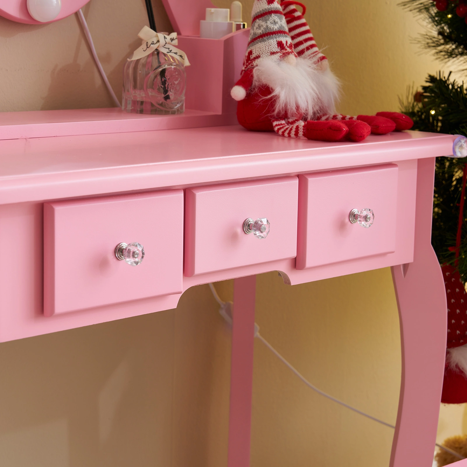 Kids Vanity Set with Mirror and Lights and Stool, 5 Storage Drawers, Pretend Play Princess Makeup Desk Dressing Table and Stool Set for Little Girls Age 3+, Macaroon Pink view 15