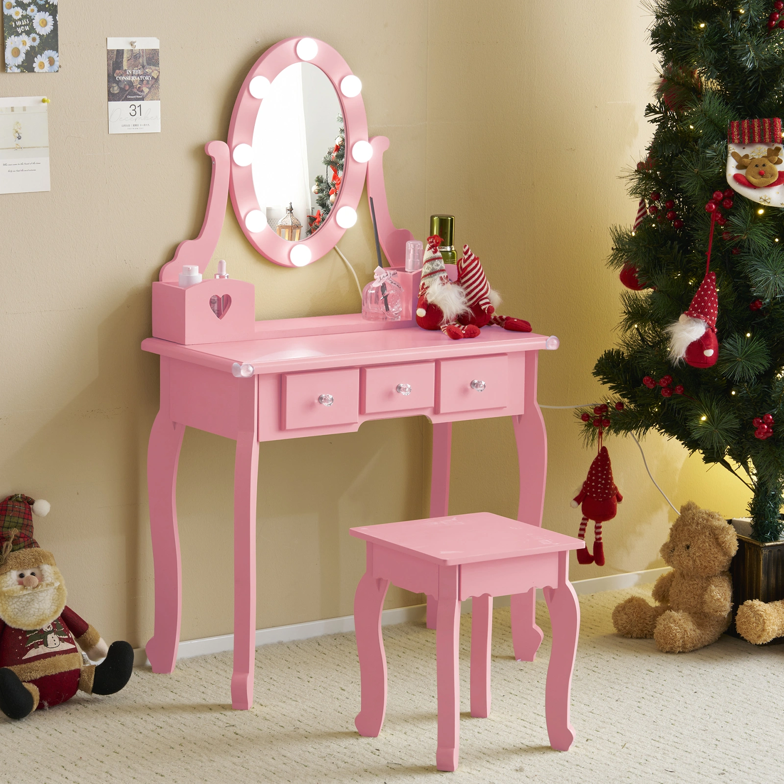 Kids Vanity Set with Mirror and Lights and Stool, 5 Storage Drawers, Pretend Play Princess Makeup Desk Dressing Table and Stool Set for Little Girls Age 3+, Macaroon Pink view 4