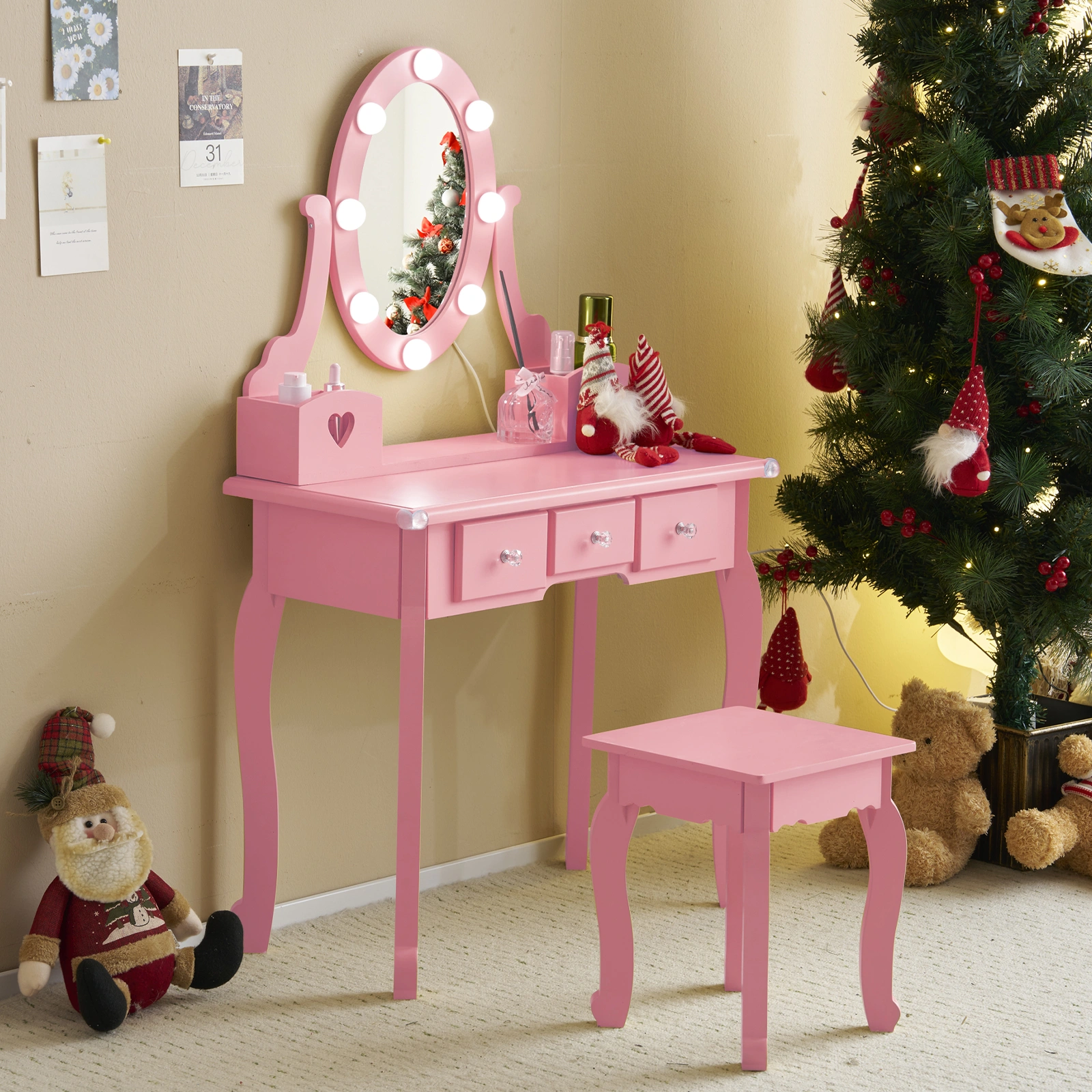 Kids Vanity Set with Mirror and Lights and Stool, 5 Storage Drawers, Pretend Play Princess Makeup Desk Dressing Table and Stool Set for Little Girls Age 3+, Macaroon Pink view 5