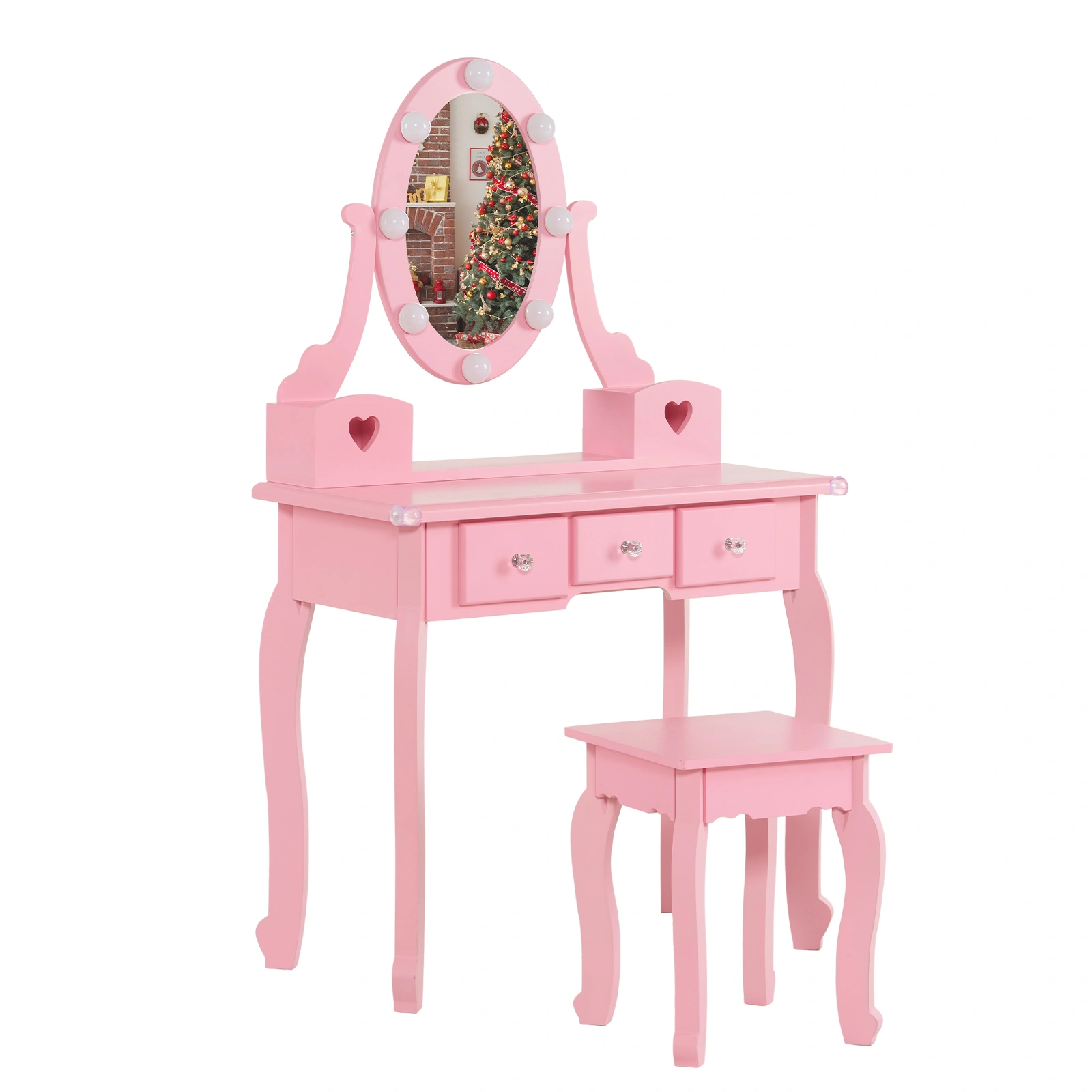 Kids Vanity Set with Mirror and Lights and Stool, 5 Storage Drawers, Pretend Play Princess Makeup Desk Dressing Table and Stool Set for Little Girls Age 3+, Macaroon Pink view 8