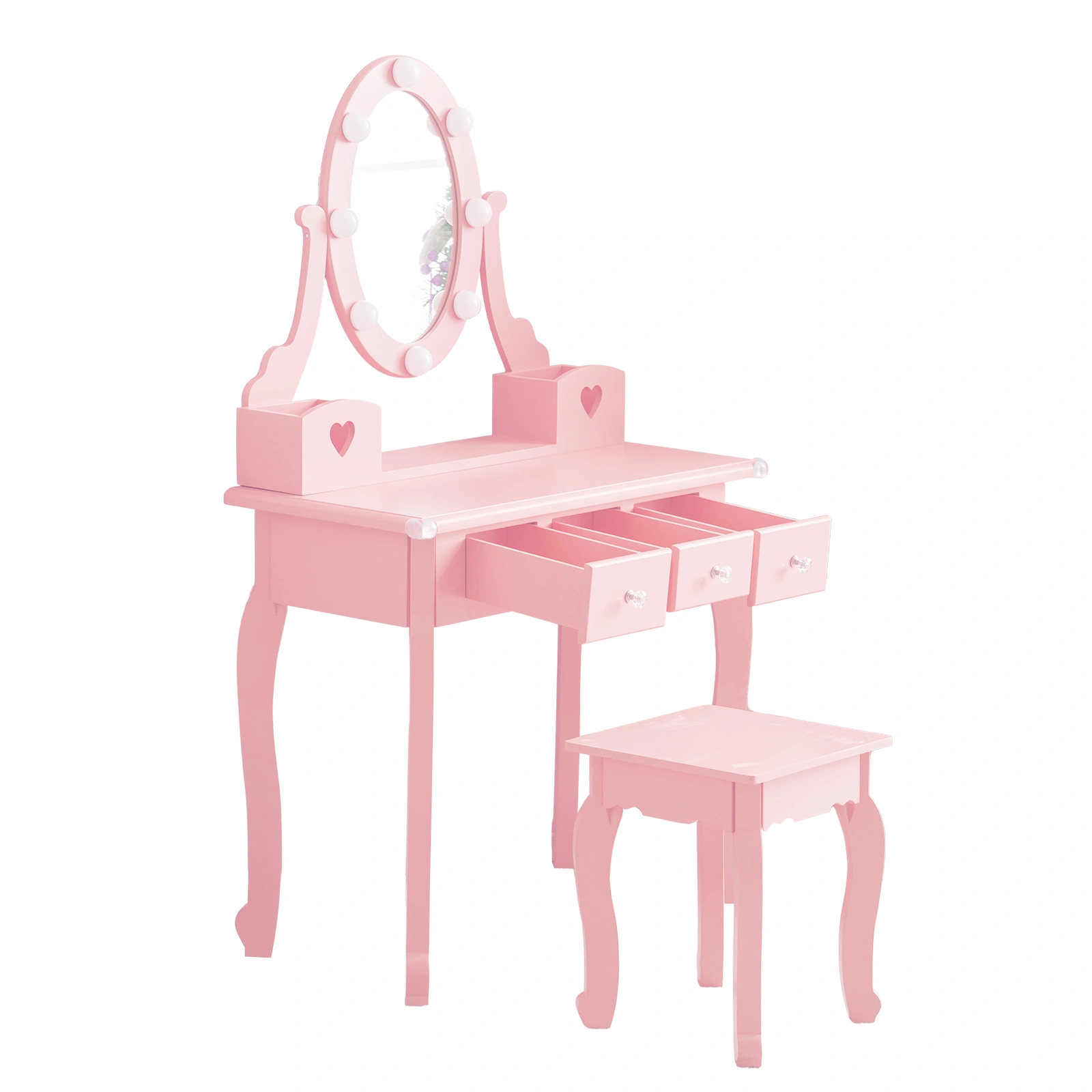 Kids Vanity Set with Mirror and Lights and Stool, 5 Storage Drawers, Pretend Play Princess Makeup Desk Dressing Table and Stool Set for Little Girls Age 3+, Macaroon Pink view 9
