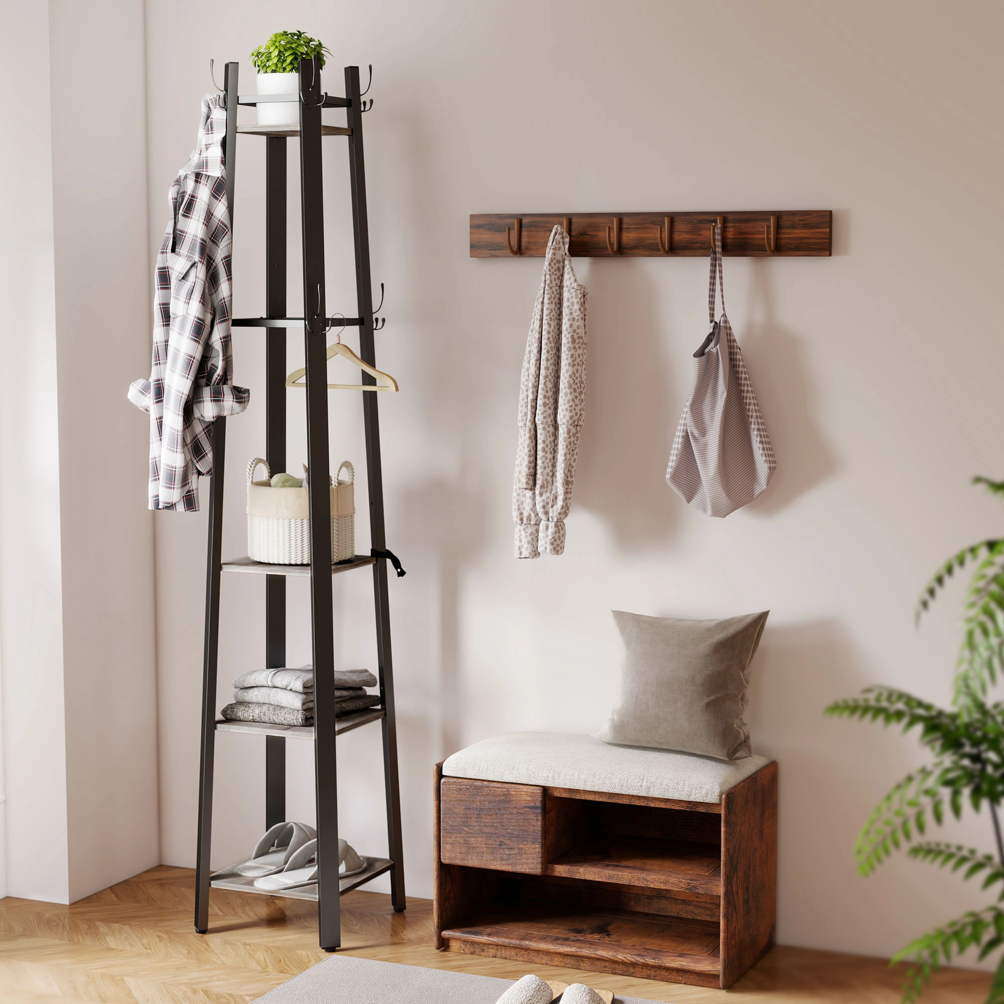 Coat Racks Wall Mounted, 6-Hook Heavy Duty Coat Rack with Hat Rack, Space-Saving Entryway Organizer for Bedroom, Bathroom, Hallway