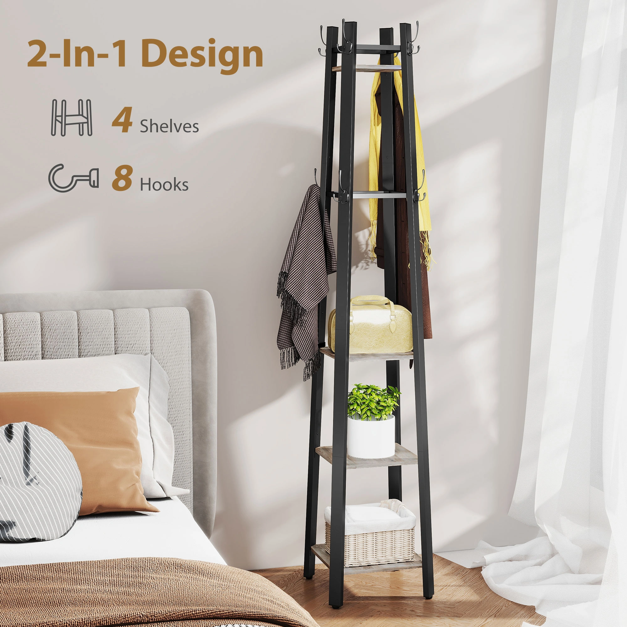 Coat Racks Wall Mounted, 6-Hook Heavy Duty Coat Rack with Hat Rack, Space-Saving Entryway Organizer for Bedroom, Bathroom, Hallway view 4