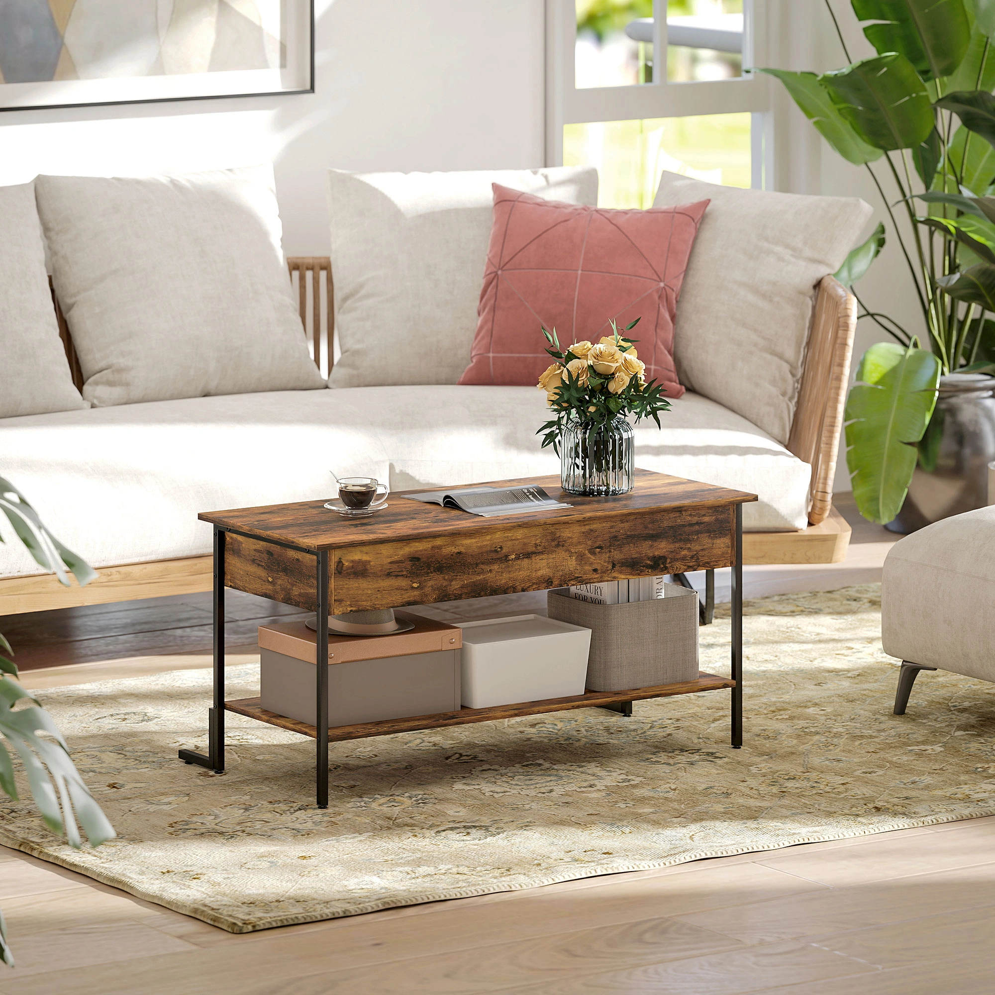Woven Rattan Coffee Table, Natural Wicker Center Table with Open Storage Compartment, Indoor Outdoor patio Table
