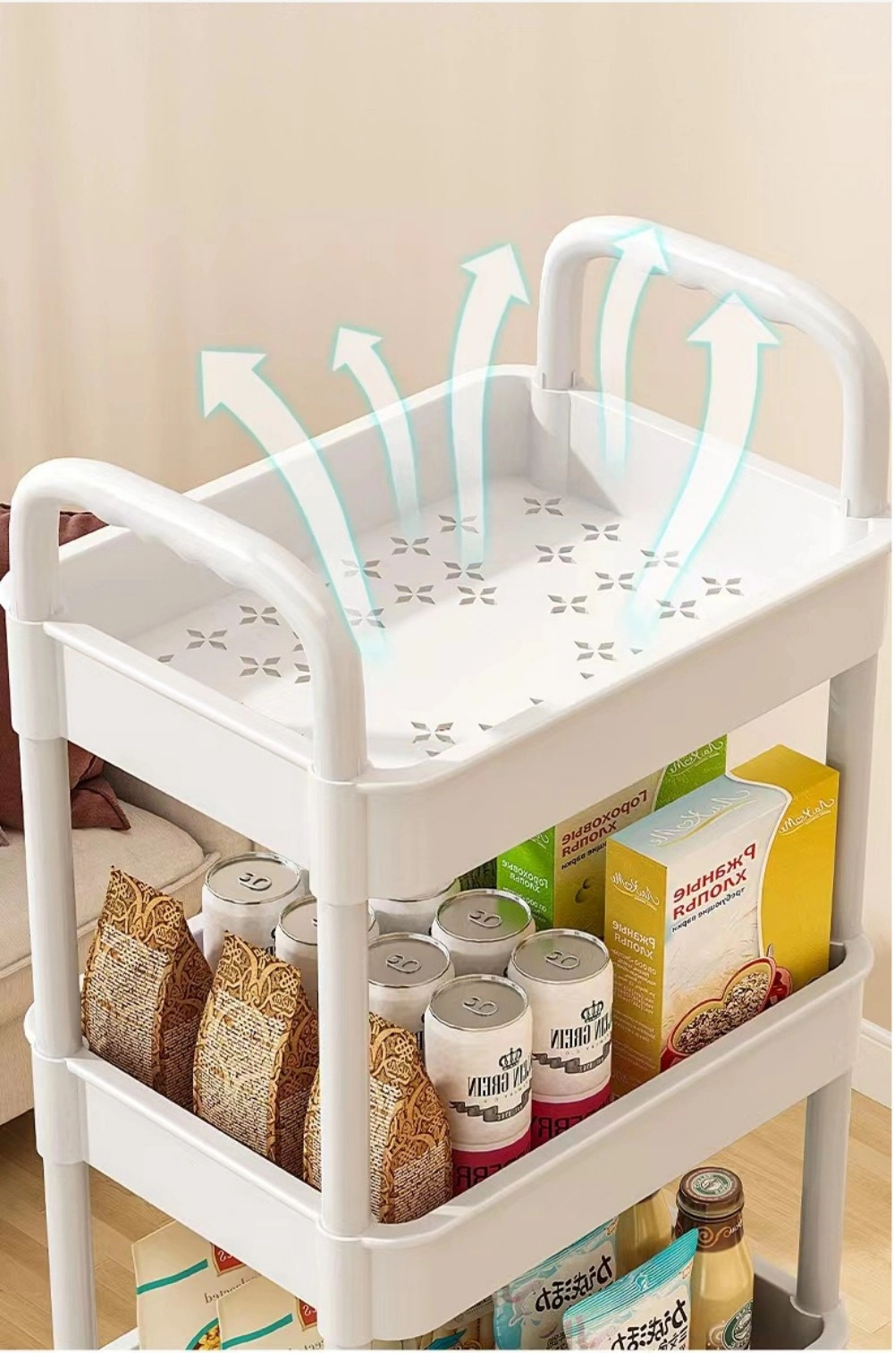 3-Tier Rolling Cart Kitchen Bathroom Laundry Mobile Storage Shelf with Wheels, White view 5