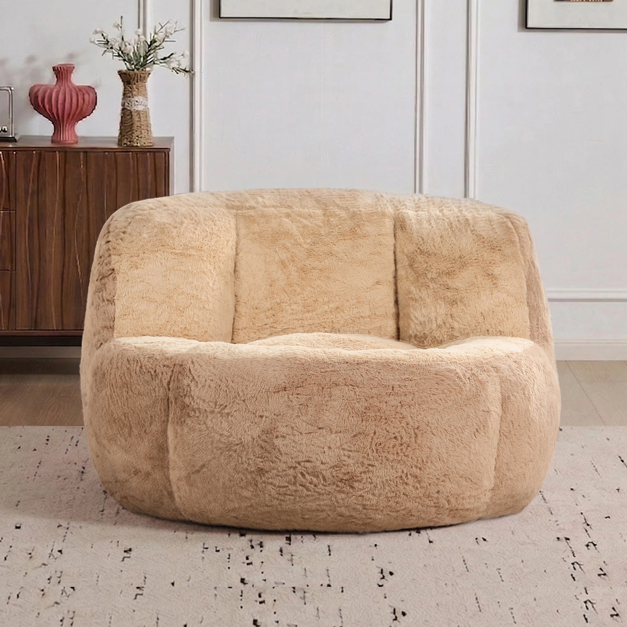 Oversized Bean Bag Chair, Multicolor Faux Fur, Shredded Sponge Filled Lounger Sofa Couch, No Assembly, Brown Camel view 2