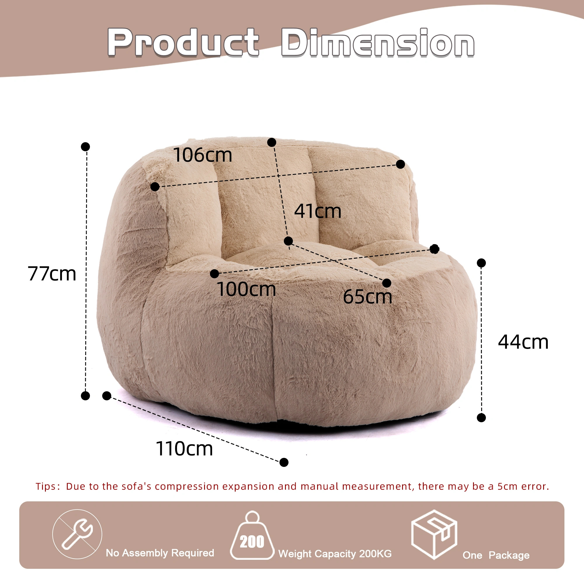 Oversized Bean Bag Chair, Multicolor Faux Fur, Shredded Sponge Filled Lounger Sofa Couch, No Assembly, Brown Camel view 3