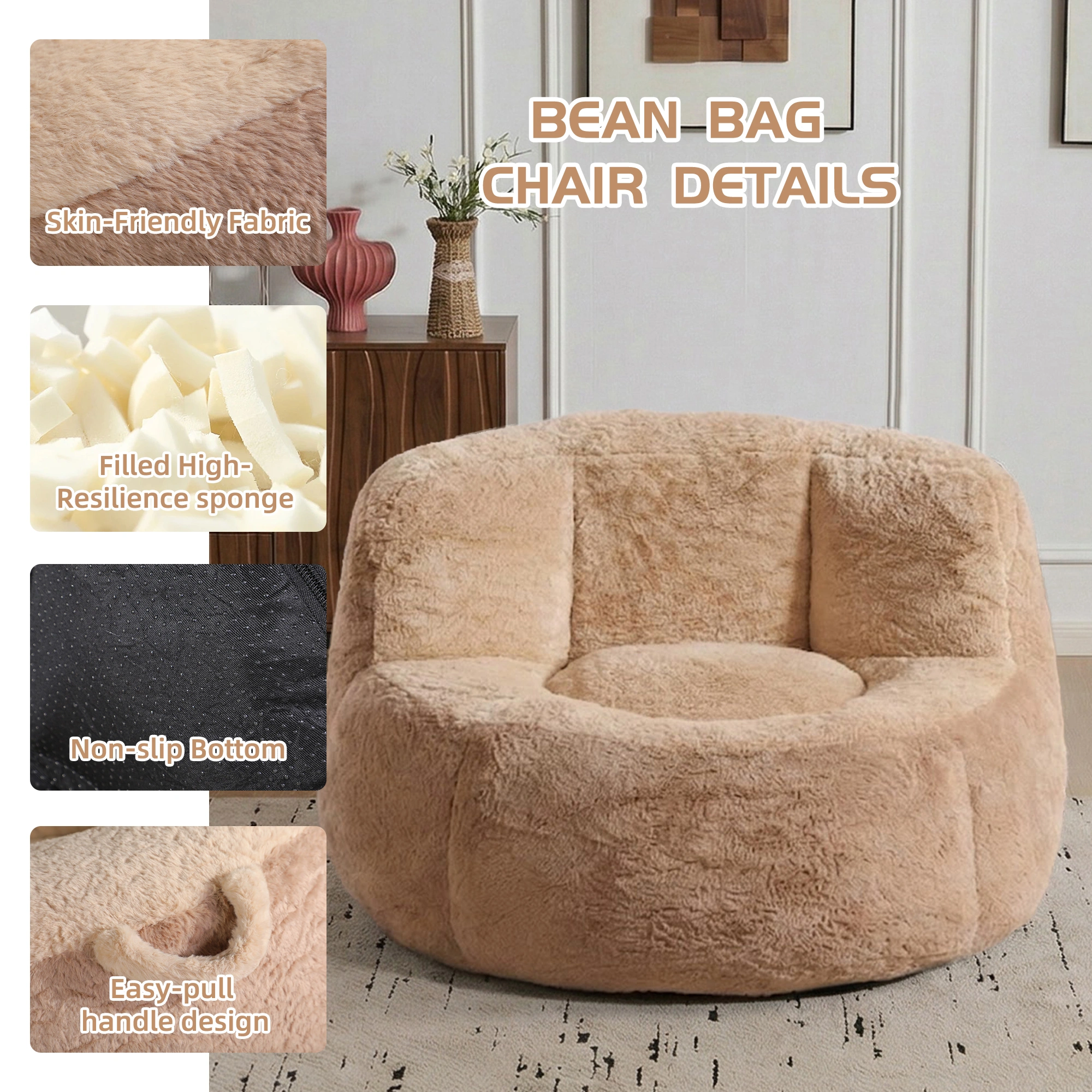 Oversized Bean Bag Chair, Multicolor Faux Fur, Shredded Sponge Filled Lounger Sofa Couch, No Assembly, Brown Camel view 4
