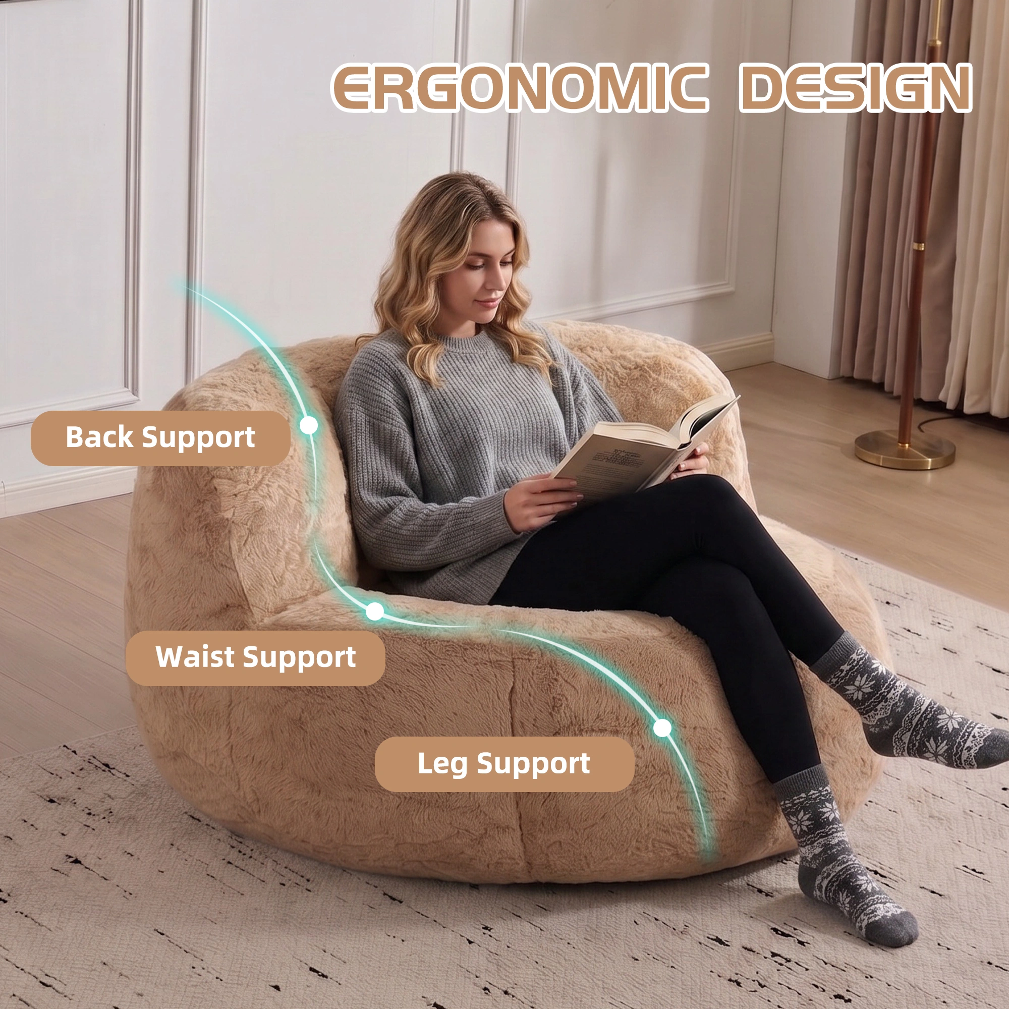 Oversized Bean Bag Chair, Multicolor Faux Fur, Shredded Sponge Filled Lounger Sofa Couch, No Assembly, Brown Camel view 5