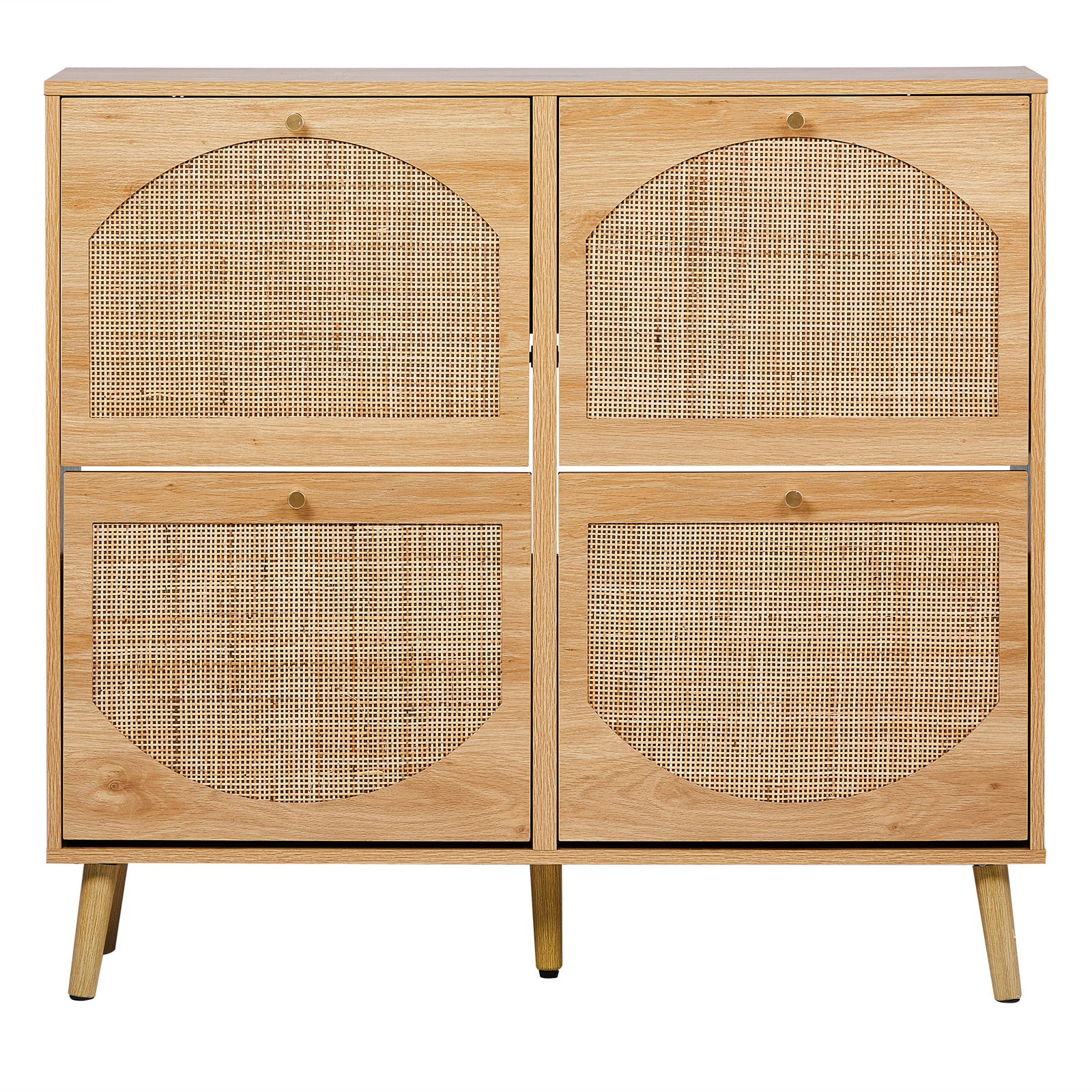 2 rows of 4 dump buckets with high feet arched rattan surface shoe cabinet density board with triamine 105*24*98cm original wood color view 2