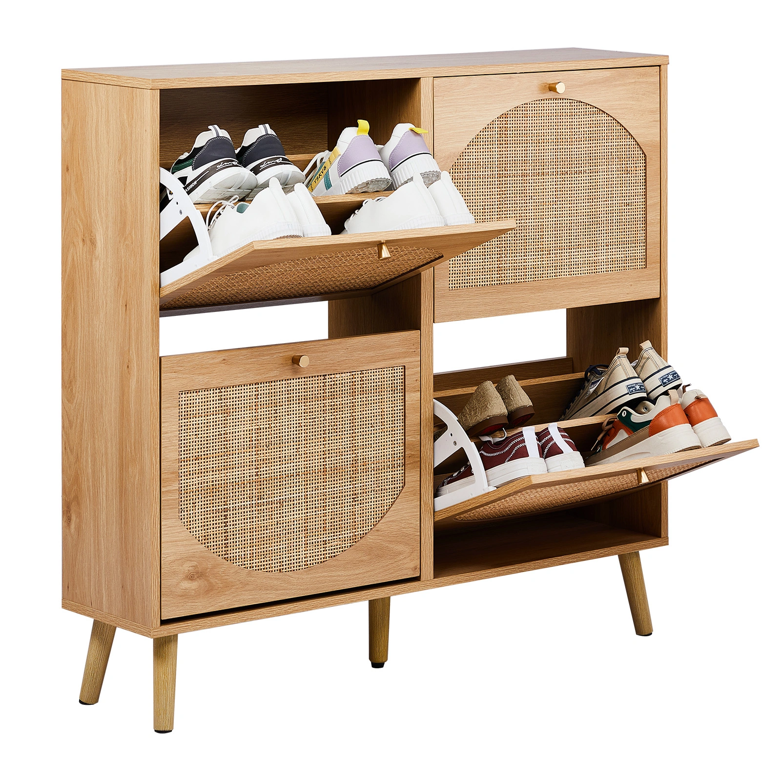 2 rows of 4 dump buckets with high feet arched rattan surface shoe cabinet density board with triamine 105*24*98cm original wood color view 3