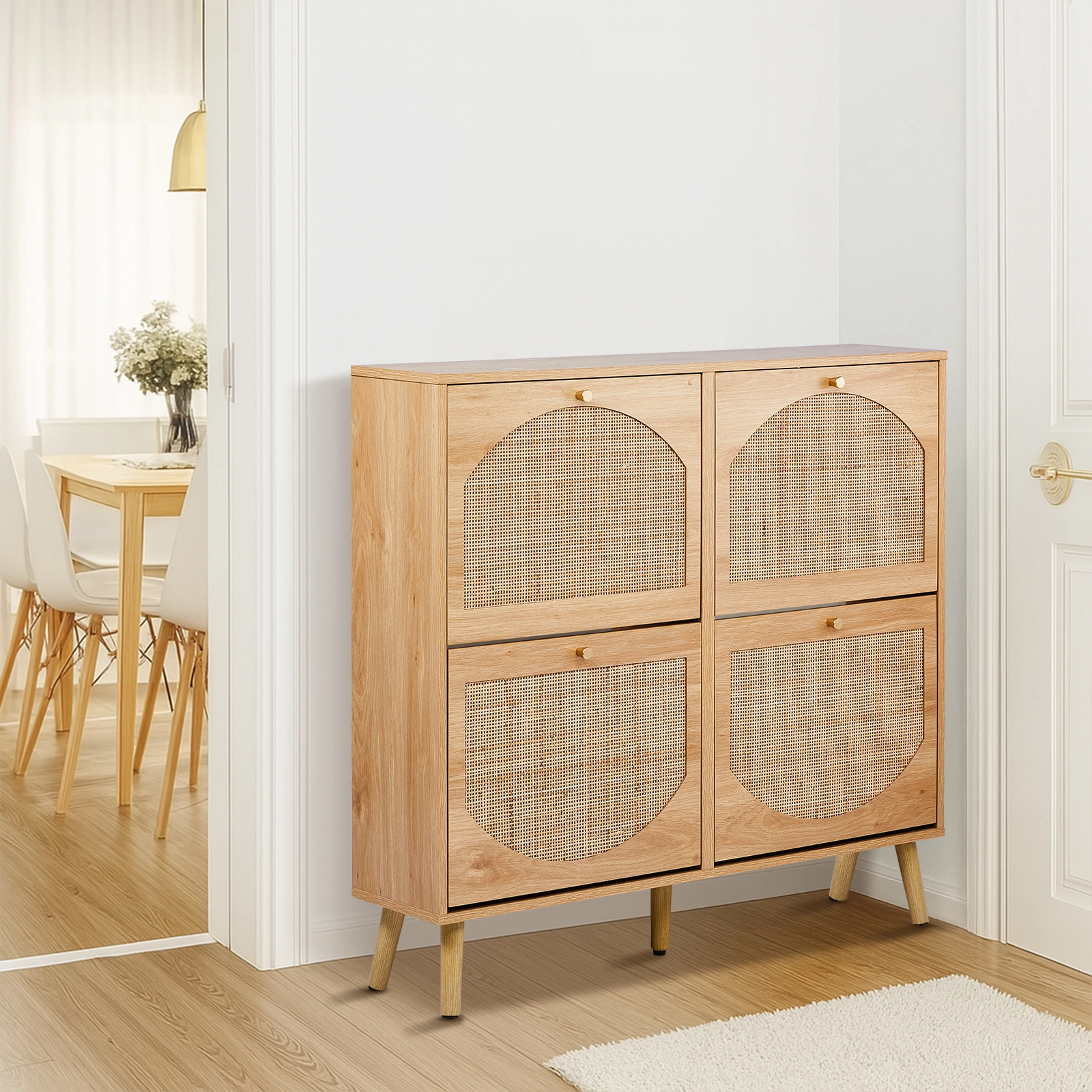 2 rows of 4 dump buckets with high feet arched rattan surface shoe cabinet density board with triamine 105*24*98cm original wood color view 4
