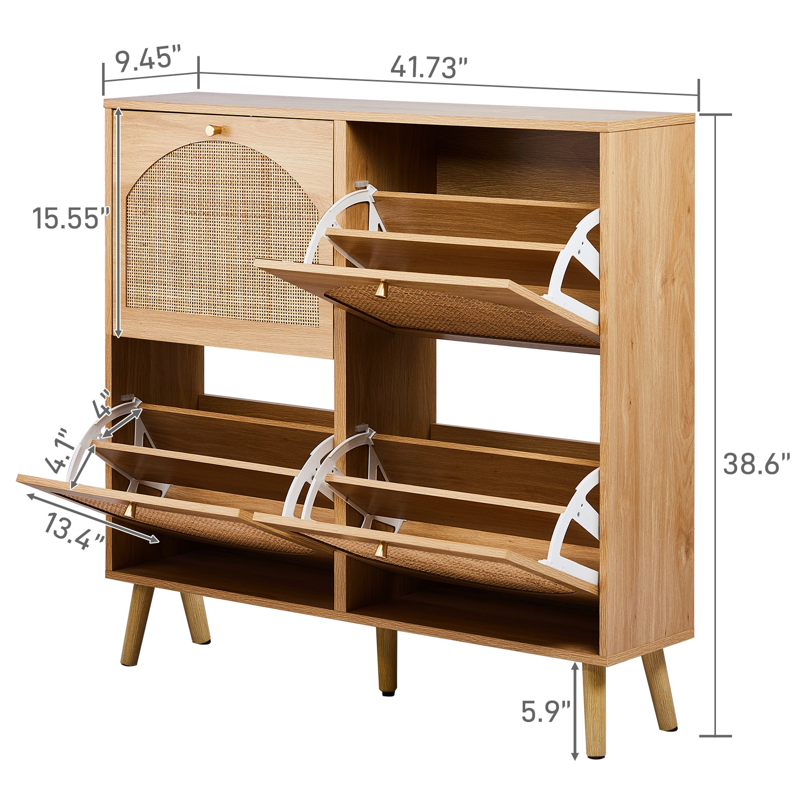 2 rows of 4 dump buckets with high feet arched rattan surface shoe cabinet density board with triamine 105*24*98cm original wood color view 5