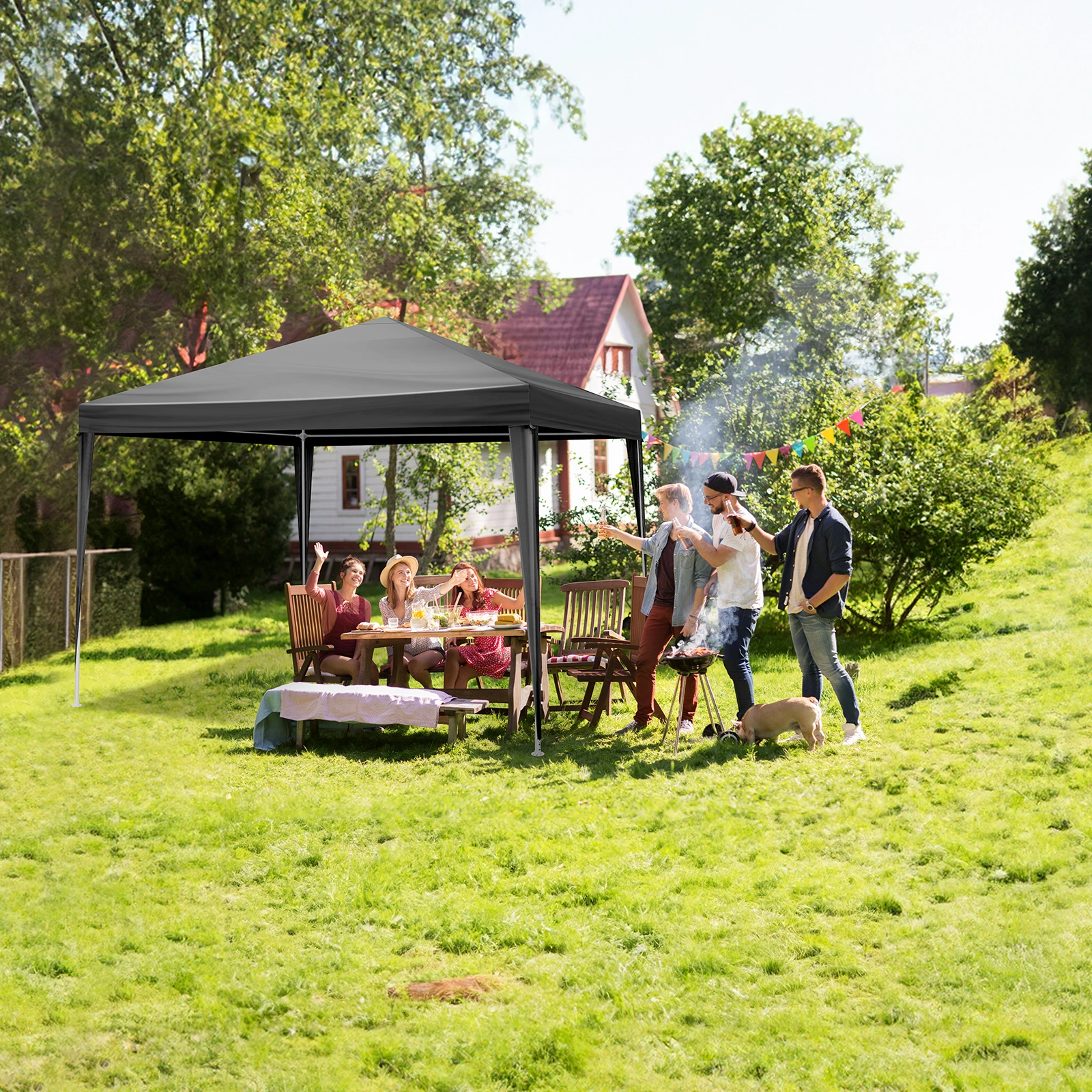 10×10ft Black Outdoor Canopy Gazebo with 4 Removable Side Panels, 2 Zipper Doors and 2 Mesh Windows, Heavy Duty PE Cloth, Powder Coated Iron Pipes for Backyard Party Camping view 12