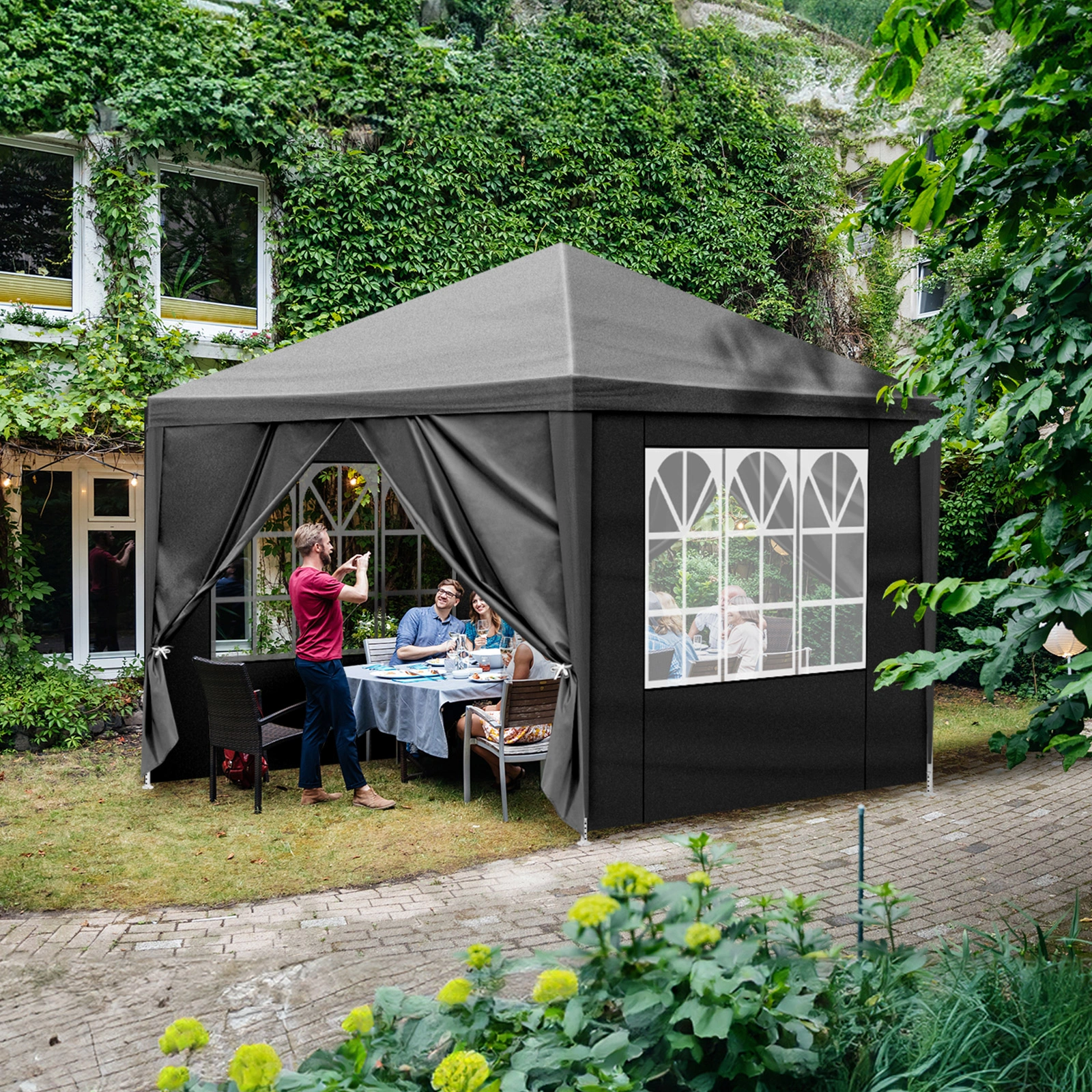 10×10ft Black Outdoor Canopy Gazebo with 4 Removable Side Panels, 2 Zipper Doors and 2 Mesh Windows, Heavy Duty PE Cloth, Powder Coated Iron Pipes for Backyard Party Camping view 13