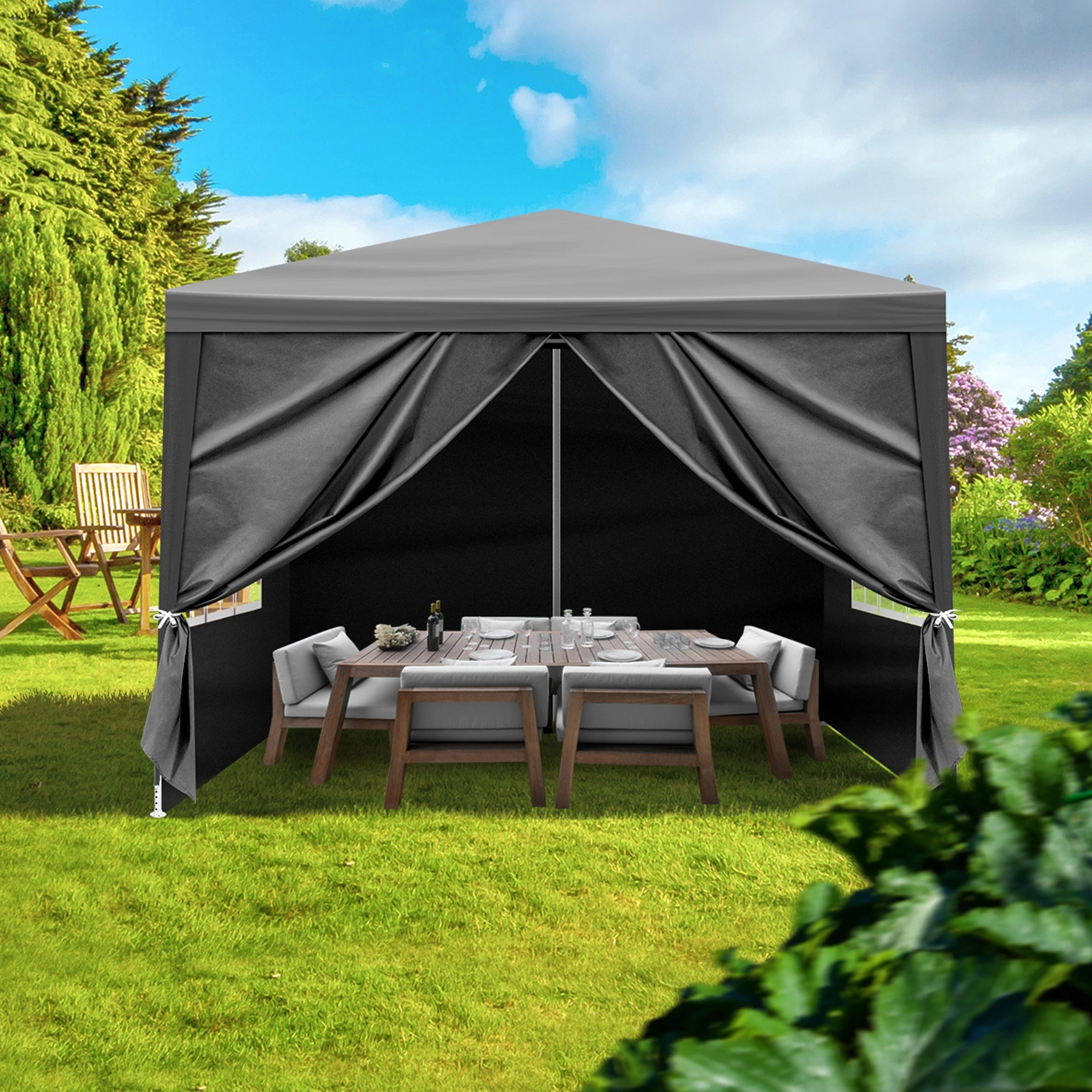 10×10ft Black Outdoor Canopy Gazebo with 4 Removable Side Panels, 2 Zipper Doors and 2 Mesh Windows, Heavy Duty PE Cloth, Powder Coated Iron Pipes for Backyard Party Camping view 14