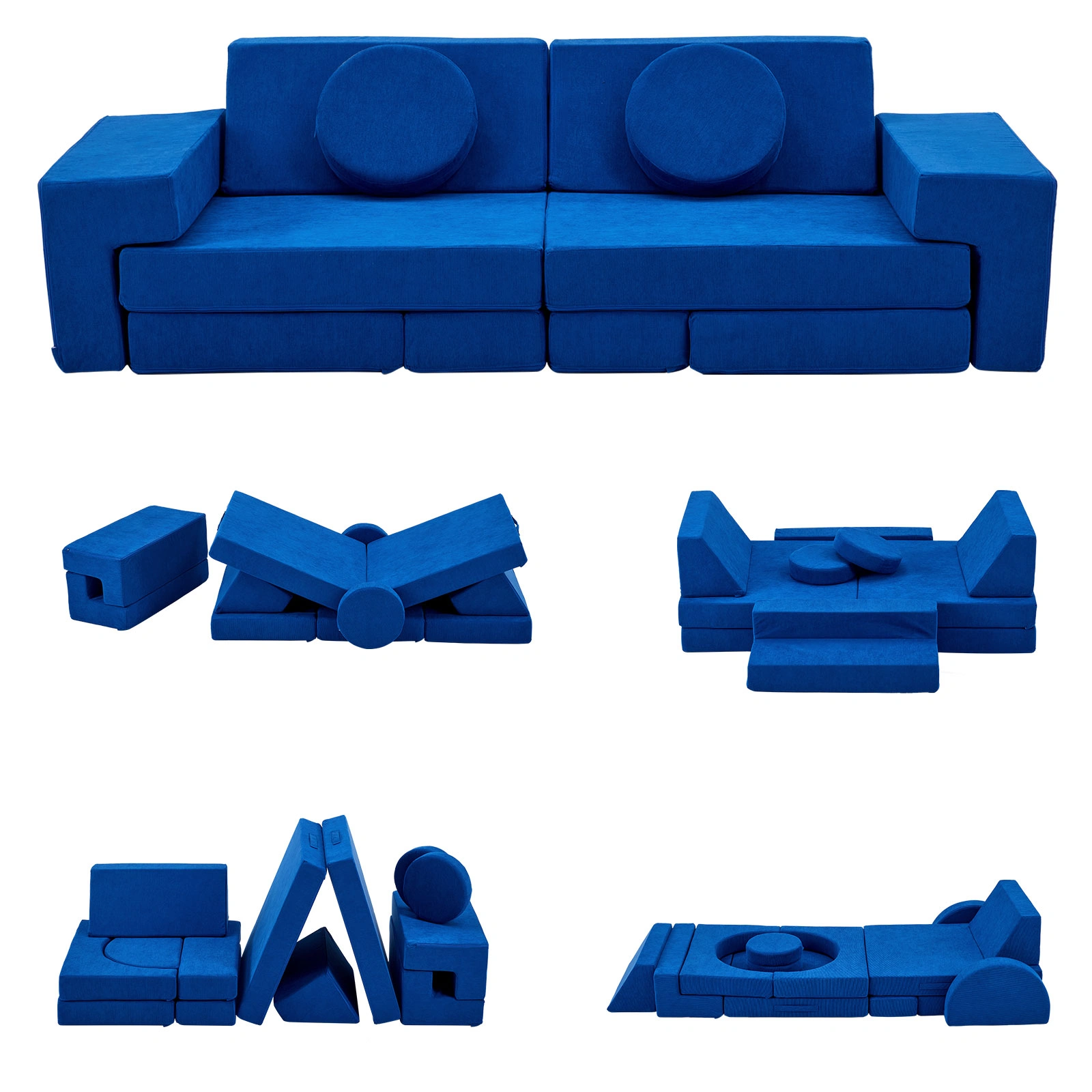14 PCS Modular Kids Play Couch, Convertible Full Foam Building Block Sofa Fort, Free Combination Floor Sofa for Toddler Playroom, Corduroy, Blue