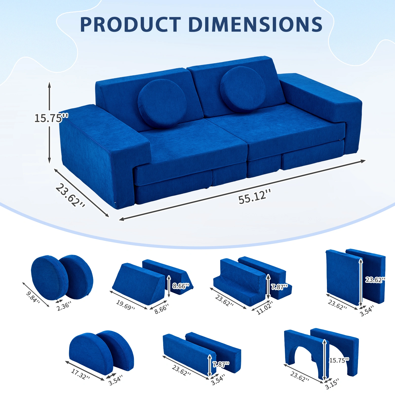 14 PCS Modular Kids Play Couch, Convertible Full Foam Building Block Sofa Fort, Free Combination Floor Sofa for Toddler Playroom, Corduroy, Blue view 2