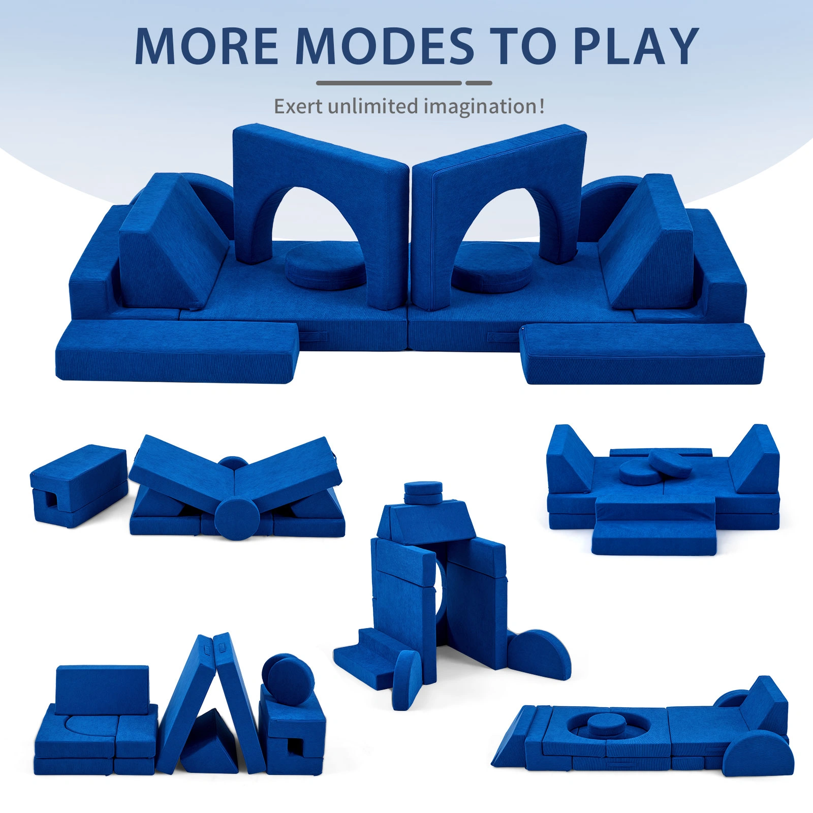 14 PCS Modular Kids Play Couch, Convertible Full Foam Building Block Sofa Fort, Free Combination Floor Sofa for Toddler Playroom, Corduroy, Blue view 3