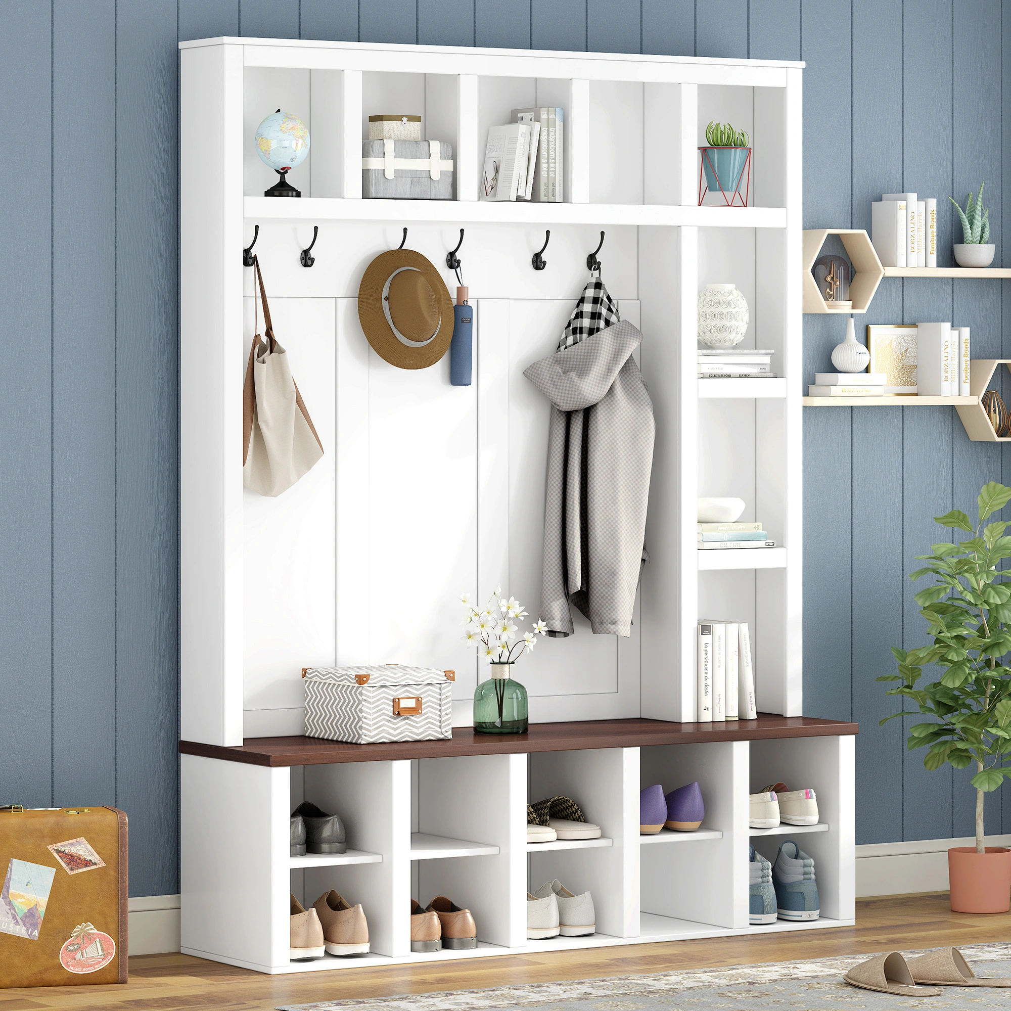 Farmhouse Hall Tree Bench with 6 Hooks, Entryway Storage Cabinet with Adjustable Shelves & Cubbies, White Shoe Bench for Mudroom Living Room, 76.7"H view 13