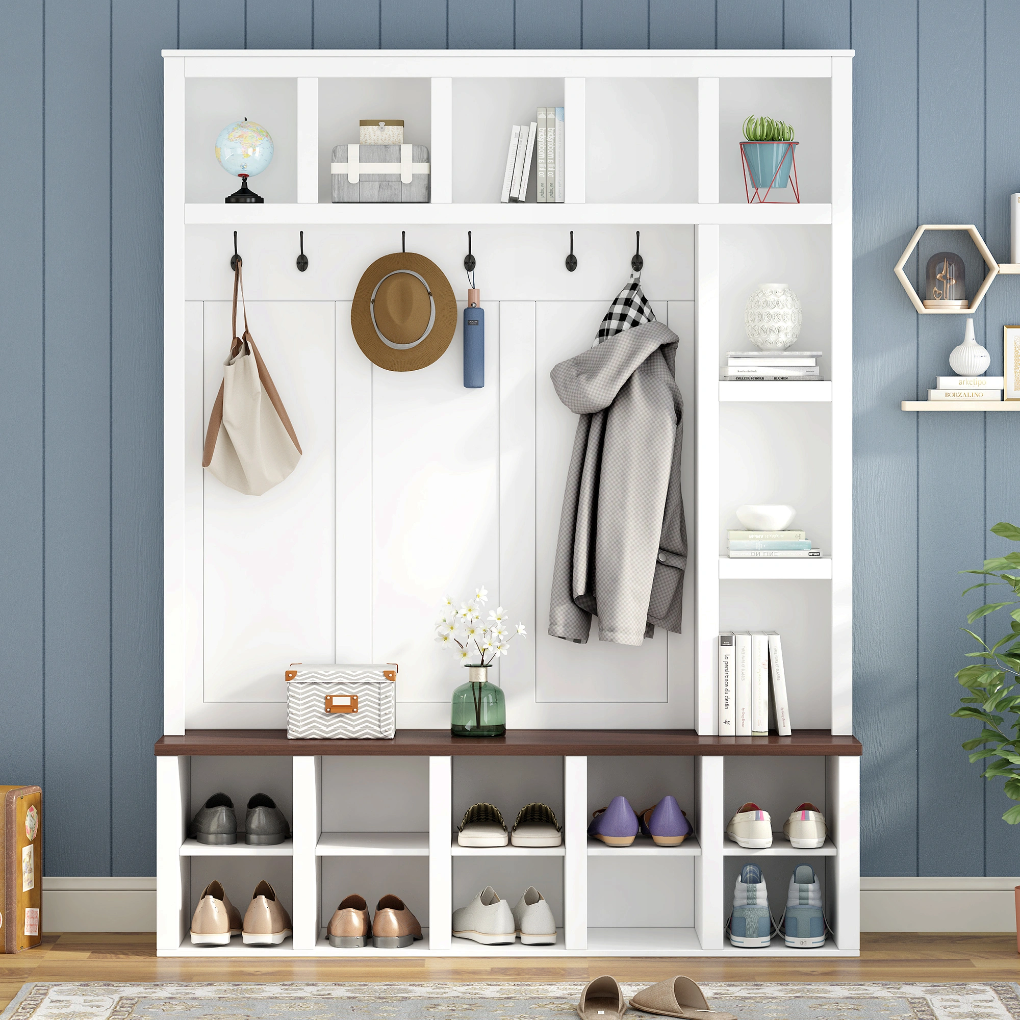 Farmhouse Hall Tree Bench with 6 Hooks, Entryway Storage Cabinet with Adjustable Shelves & Cubbies, White Shoe Bench for Mudroom Living Room, 76.7"H view 14