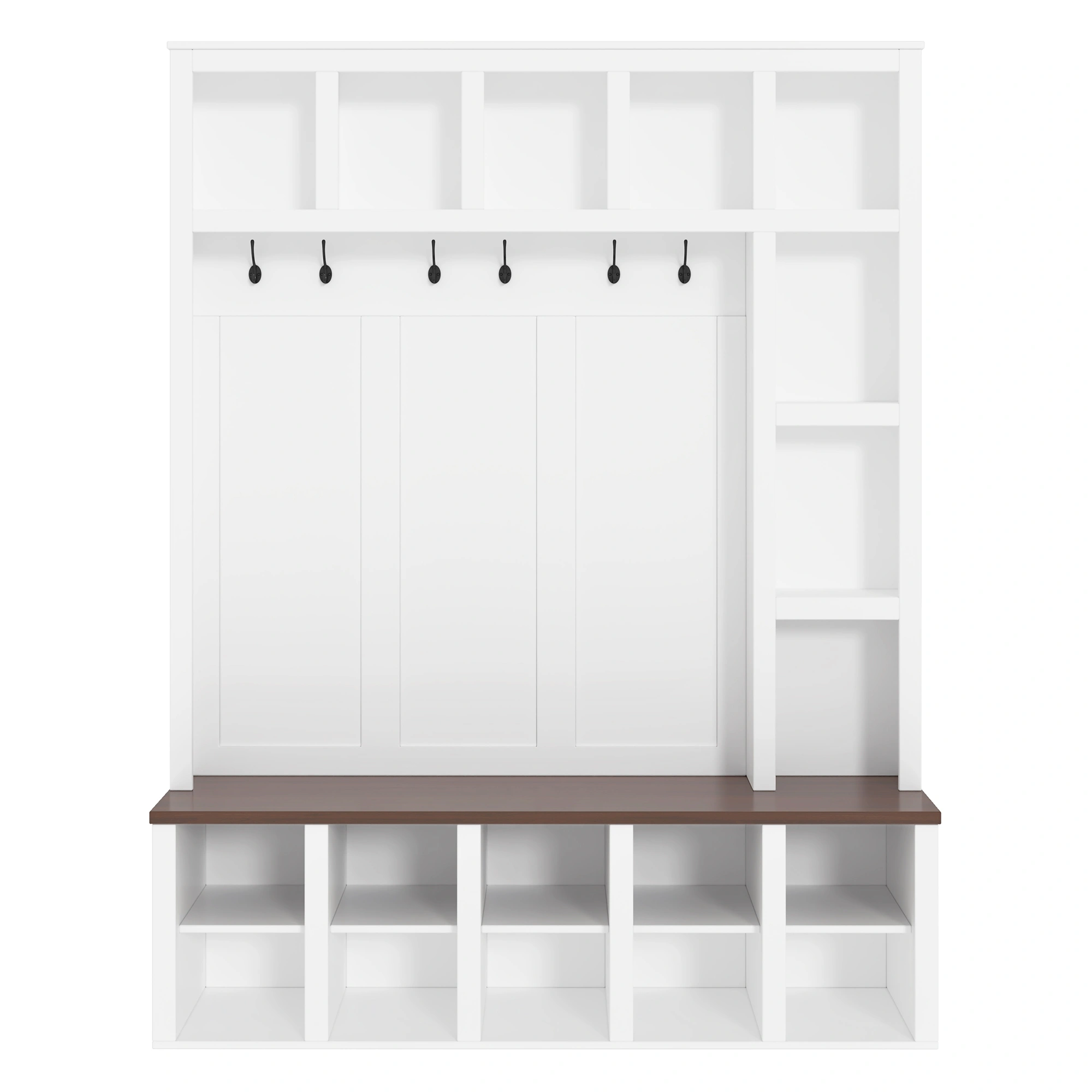 Farmhouse Hall Tree Bench with 6 Hooks, Entryway Storage Cabinet with Adjustable Shelves & Cubbies, White Shoe Bench for Mudroom Living Room, 76.7"H view 4