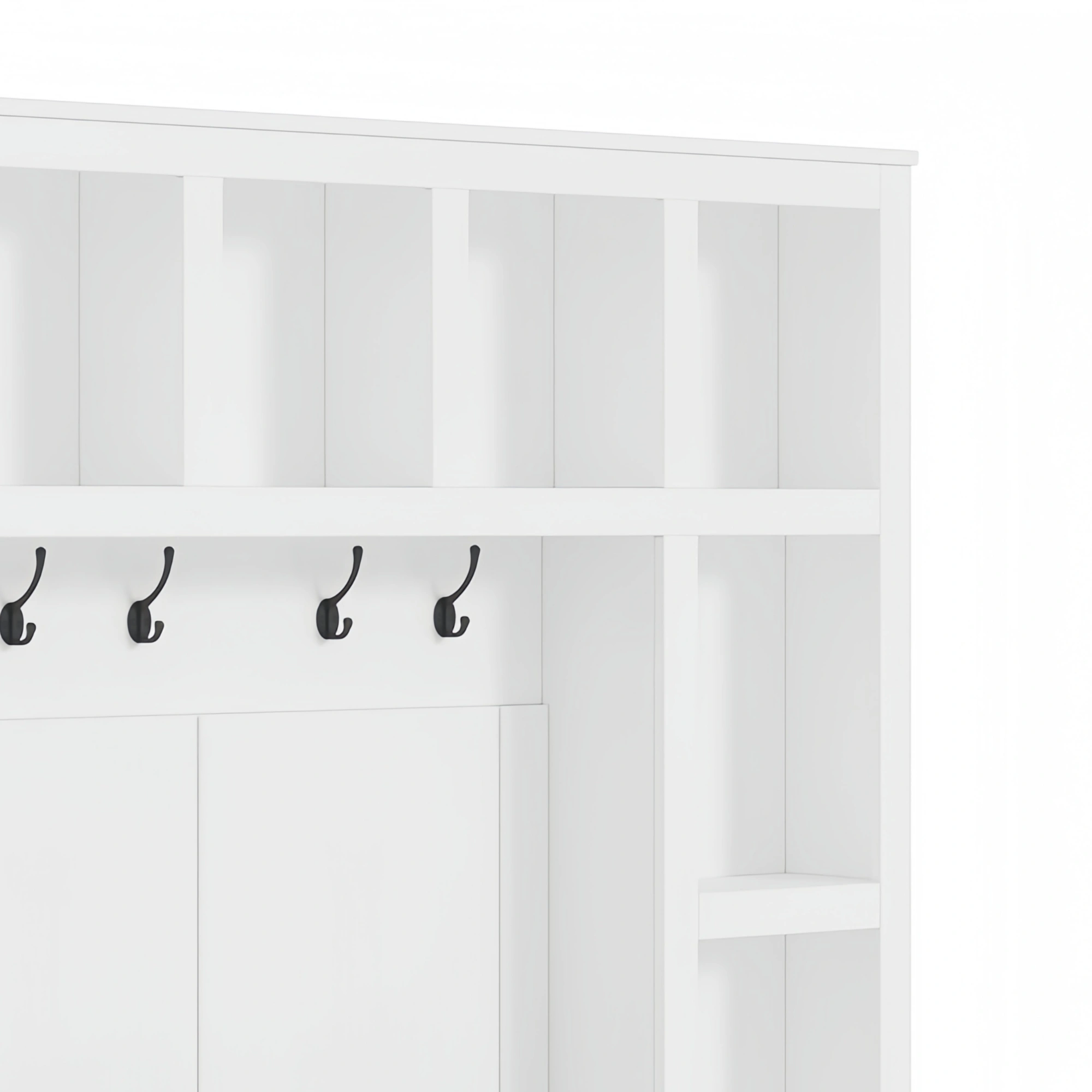 Farmhouse Hall Tree Bench with 6 Hooks, Entryway Storage Cabinet with Adjustable Shelves & Cubbies, White Shoe Bench for Mudroom Living Room, 76.7"H view 6