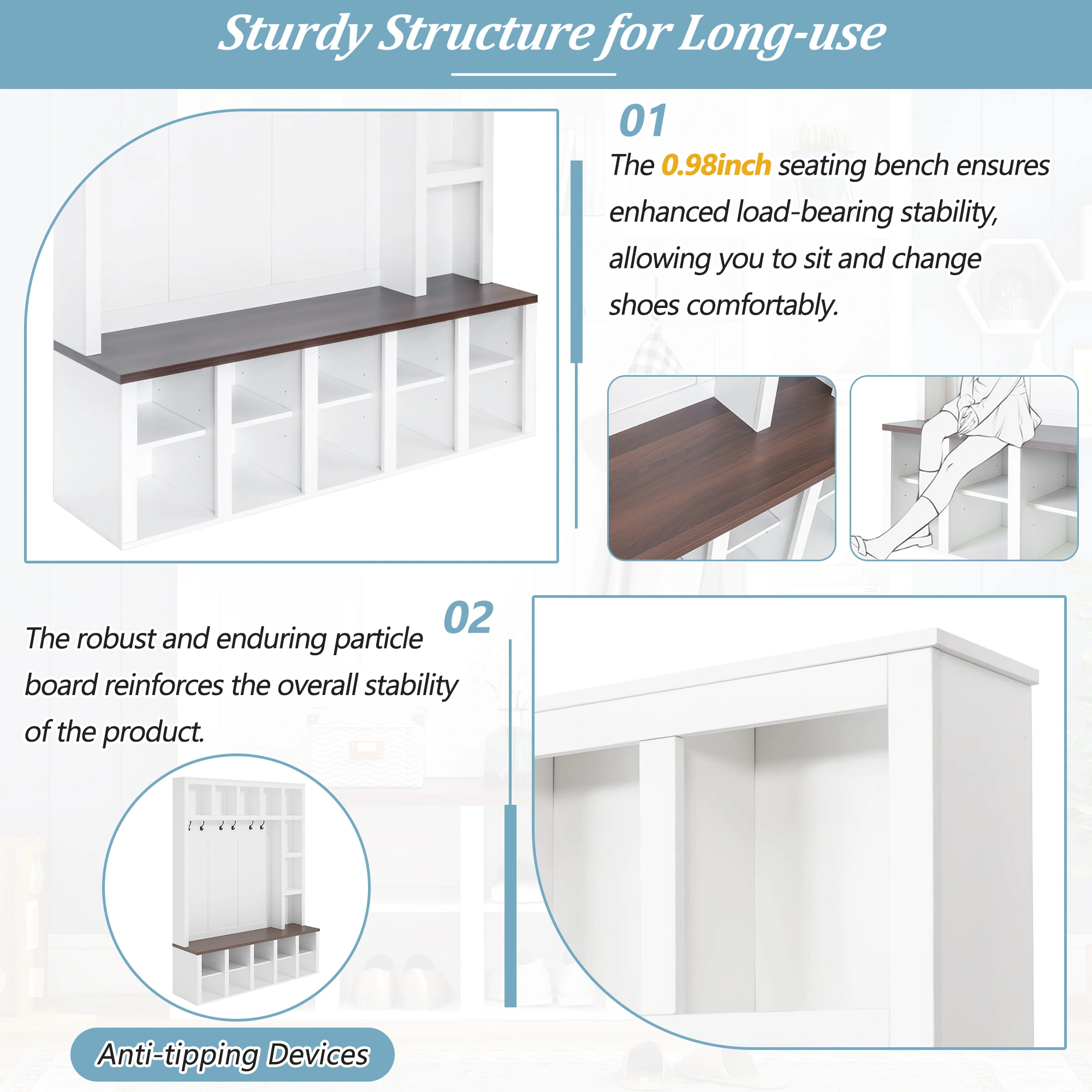 Farmhouse Hall Tree Bench with 6 Hooks, Entryway Storage Cabinet with Adjustable Shelves & Cubbies, White Shoe Bench for Mudroom Living Room, 76.7"H view 9