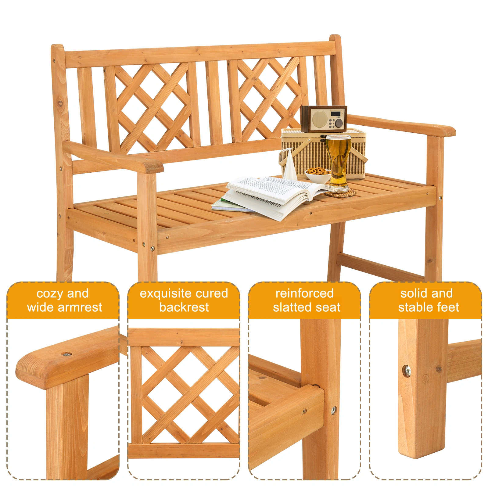 118*56.5*90cm Outdoor Garden Fir Grid Back Wooden Bench Burlywood view 19