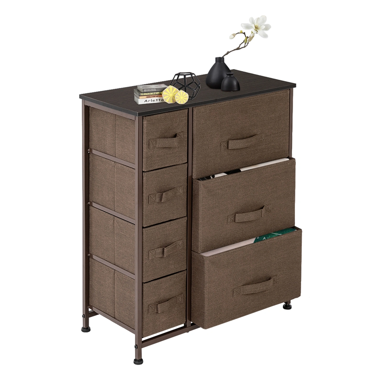 7 Drawer Fabric Dresser Storage Tower, Steel Frame Wood Top, Easy Pull Bins, Organizer for Bedroom Hallway Closet Office - Brown view 3