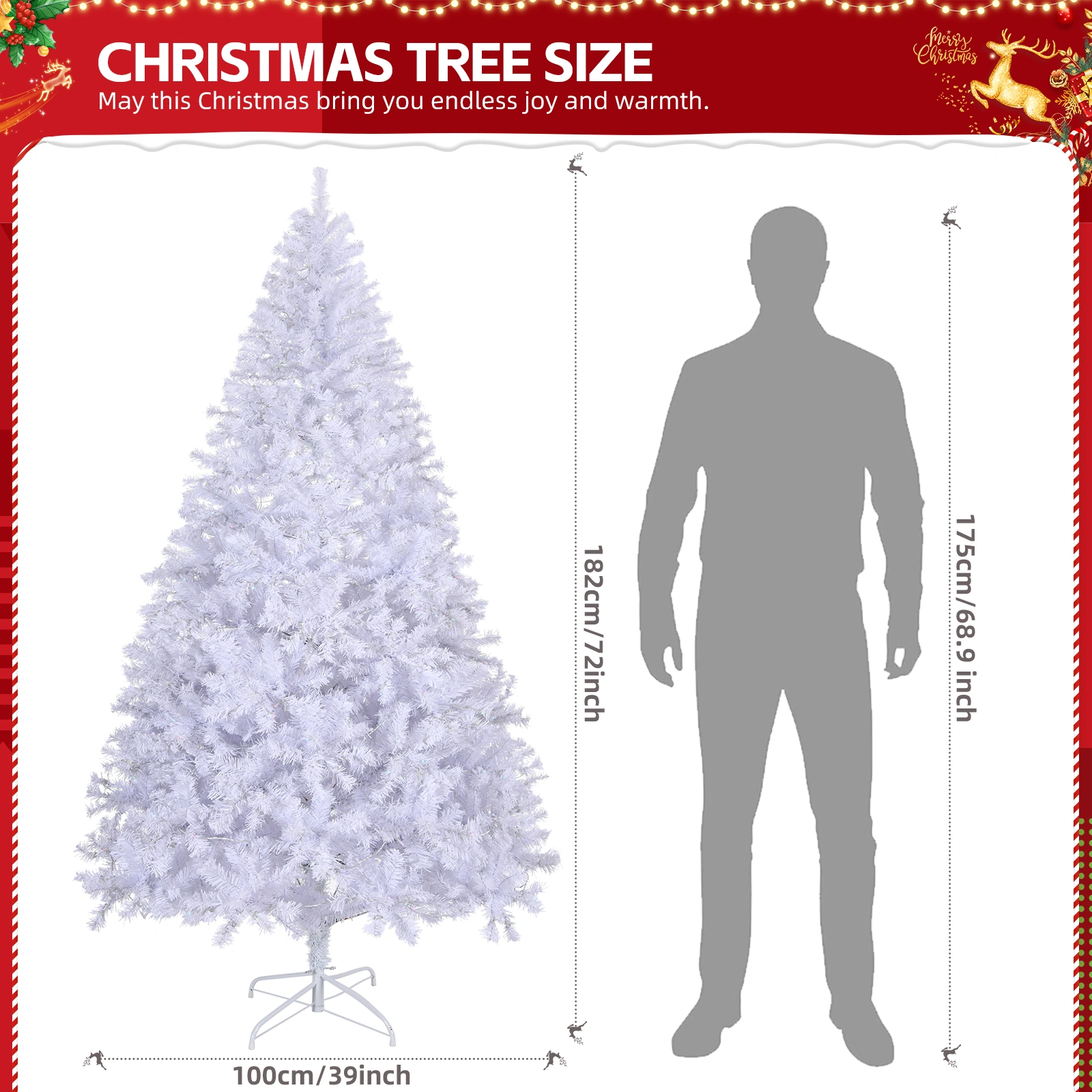 6 FT Artificial Christmas Tree with 100 Warm White Battery Operated Lights, 800 Branch Tips, Full Pre-Lit Pine Christmas Tree with Sturdy Metal Stand, White view 2