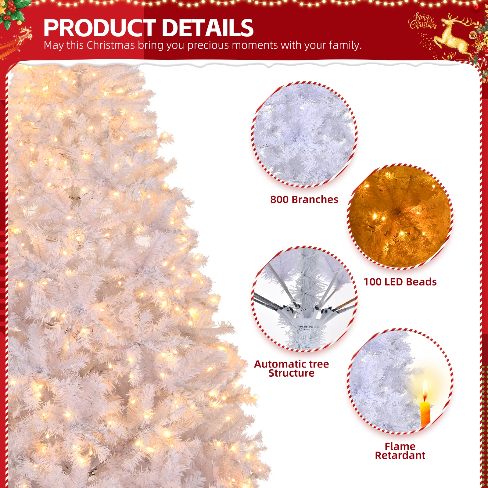 6 FT Artificial Christmas Tree with 100 Warm White Battery Operated Lights, 800 Branch Tips, Full Pre-Lit Pine Christmas Tree with Sturdy Metal Stand, White view 3