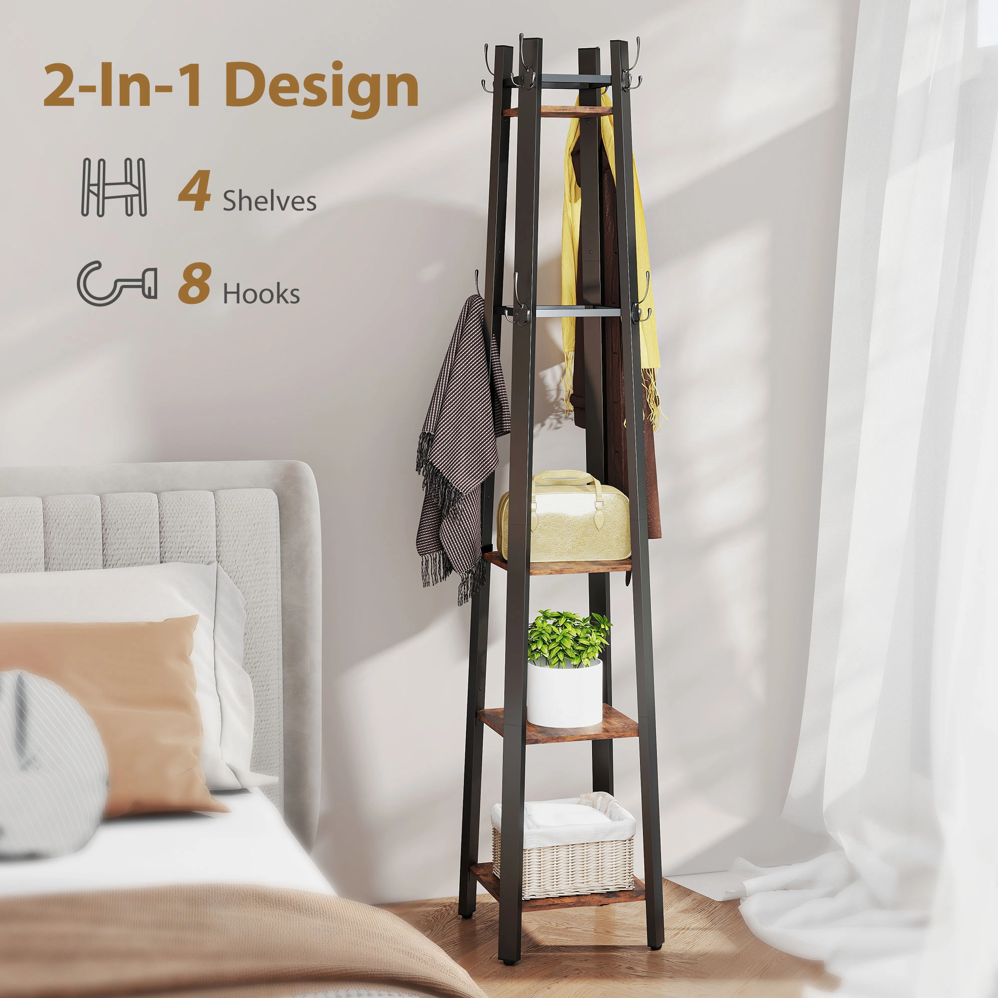 Heavy Duty Coat Racks Wall Mount, 5-Hook Wooden Coat Rack Entryway Organizer, Space Saving Garment Holder for Bedroom Hallway Living Room view 4