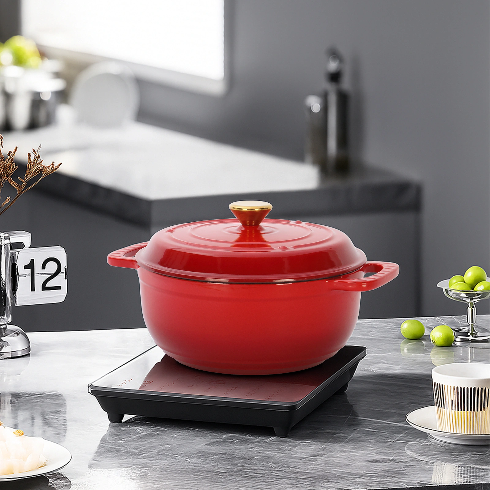 Cast iron 6QT cooking pot - Gradient red - Includes two silicone gloves - Enamel pot view 11