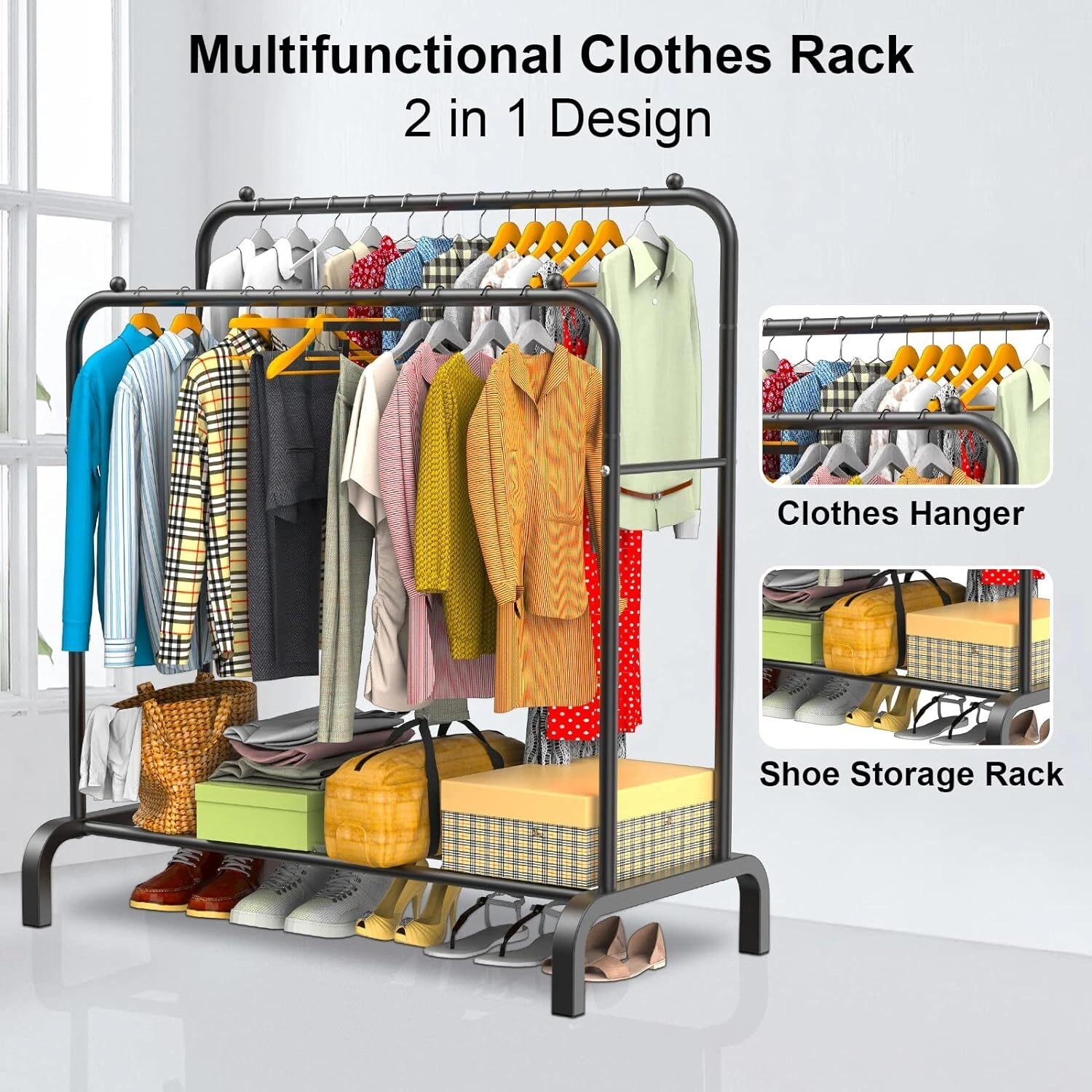 Heavy Duty Double Clothes Rail Hanging Rack Garment Display Stand Shoes Storage view 3