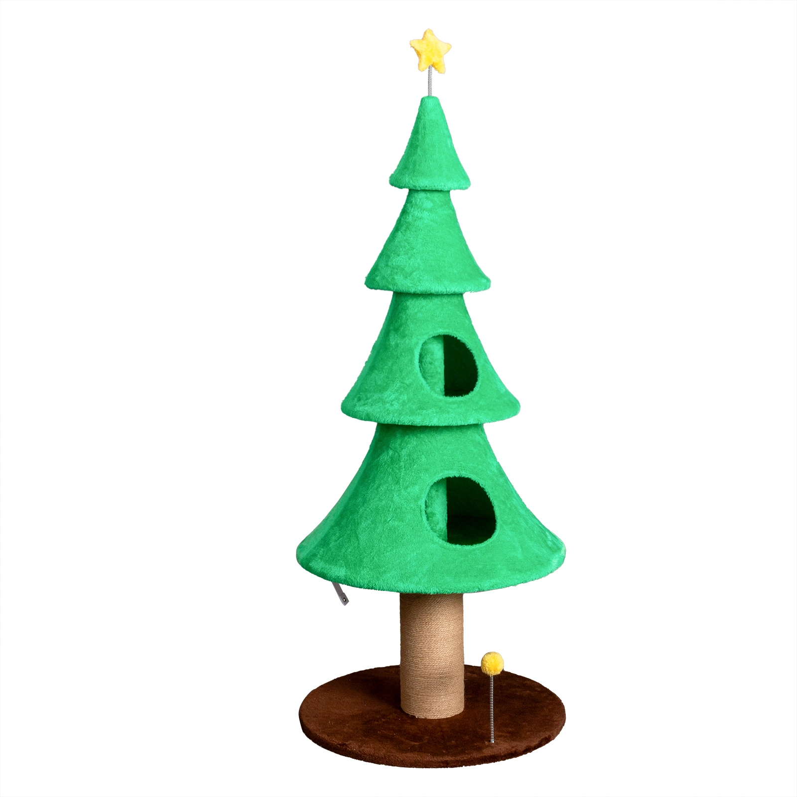 59in Large Tall Christmas Tree Cat Tower with 2 Cat Condos & Scratching Post, Soft Fleece Cat Tree with Teaser Toy & Sturdy Base & Built-in Openings for Indoor Cats, Green view 10