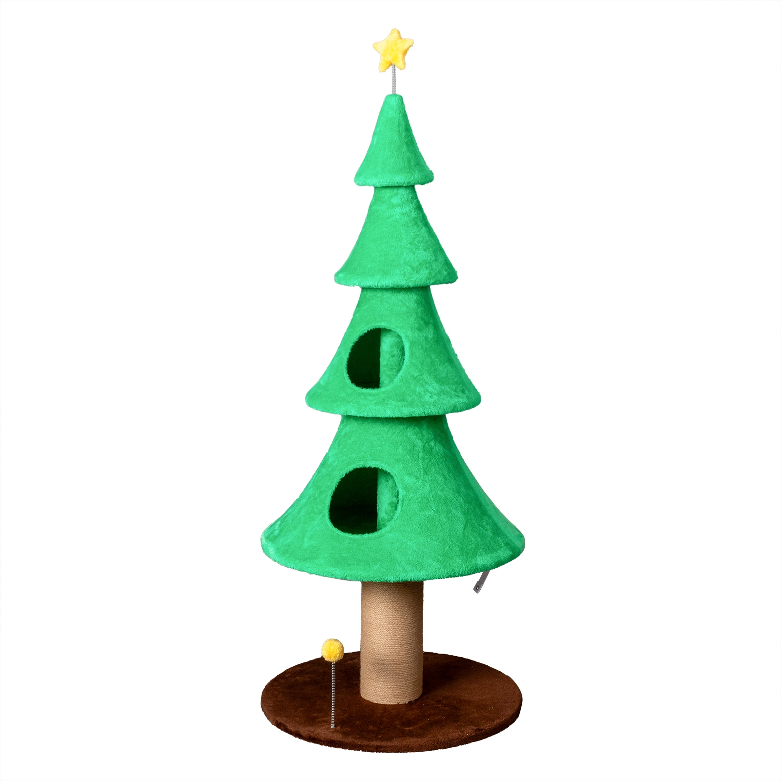 59in Large Tall Christmas Tree Cat Tower with 2 Cat Condos & Scratching Post, Soft Fleece Cat Tree with Teaser Toy & Sturdy Base & Built-in Openings for Indoor Cats, Green view 11