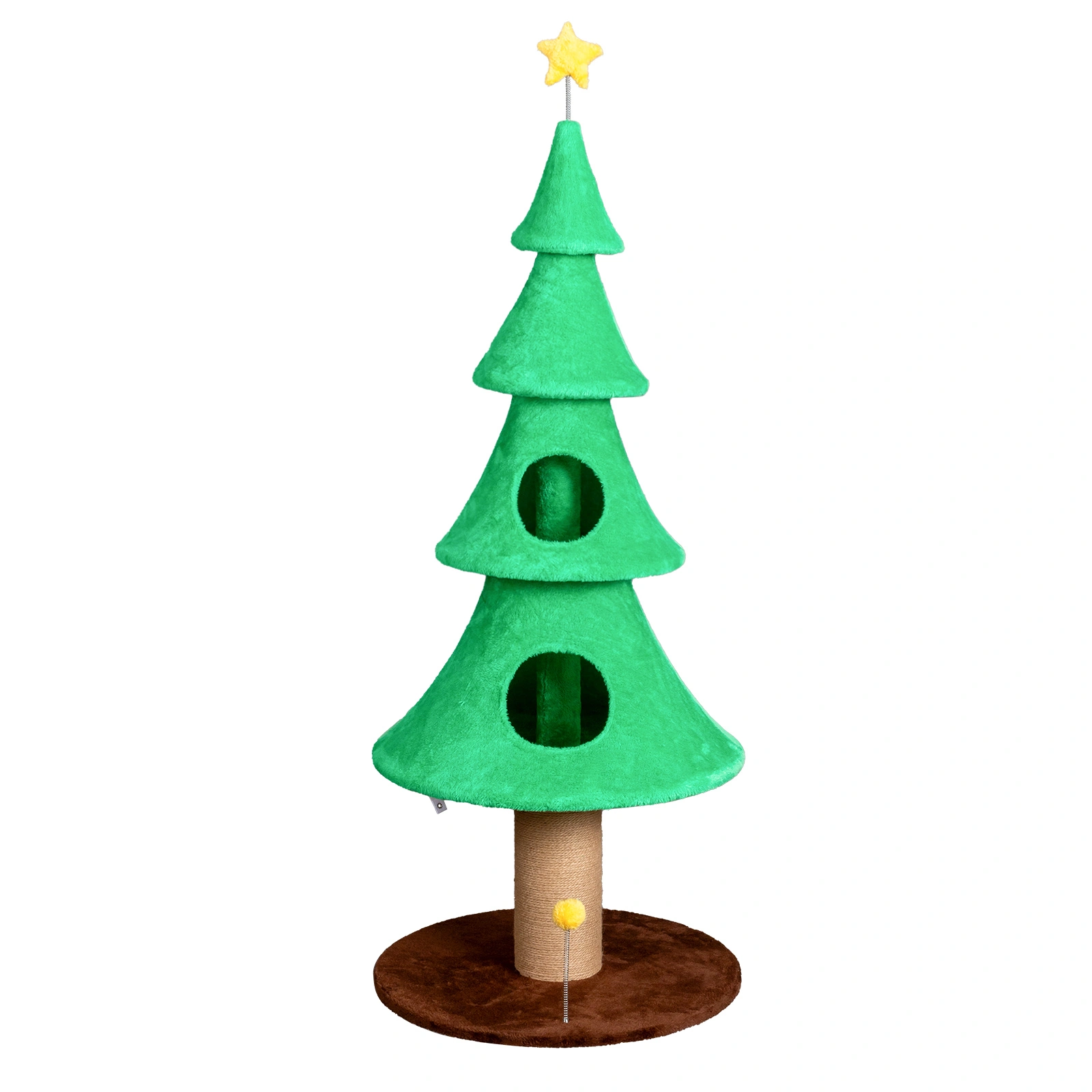 59in Large Tall Christmas Tree Cat Tower with 2 Cat Condos & Scratching Post, Soft Fleece Cat Tree with Teaser Toy & Sturdy Base & Built-in Openings for Indoor Cats, Green view 15