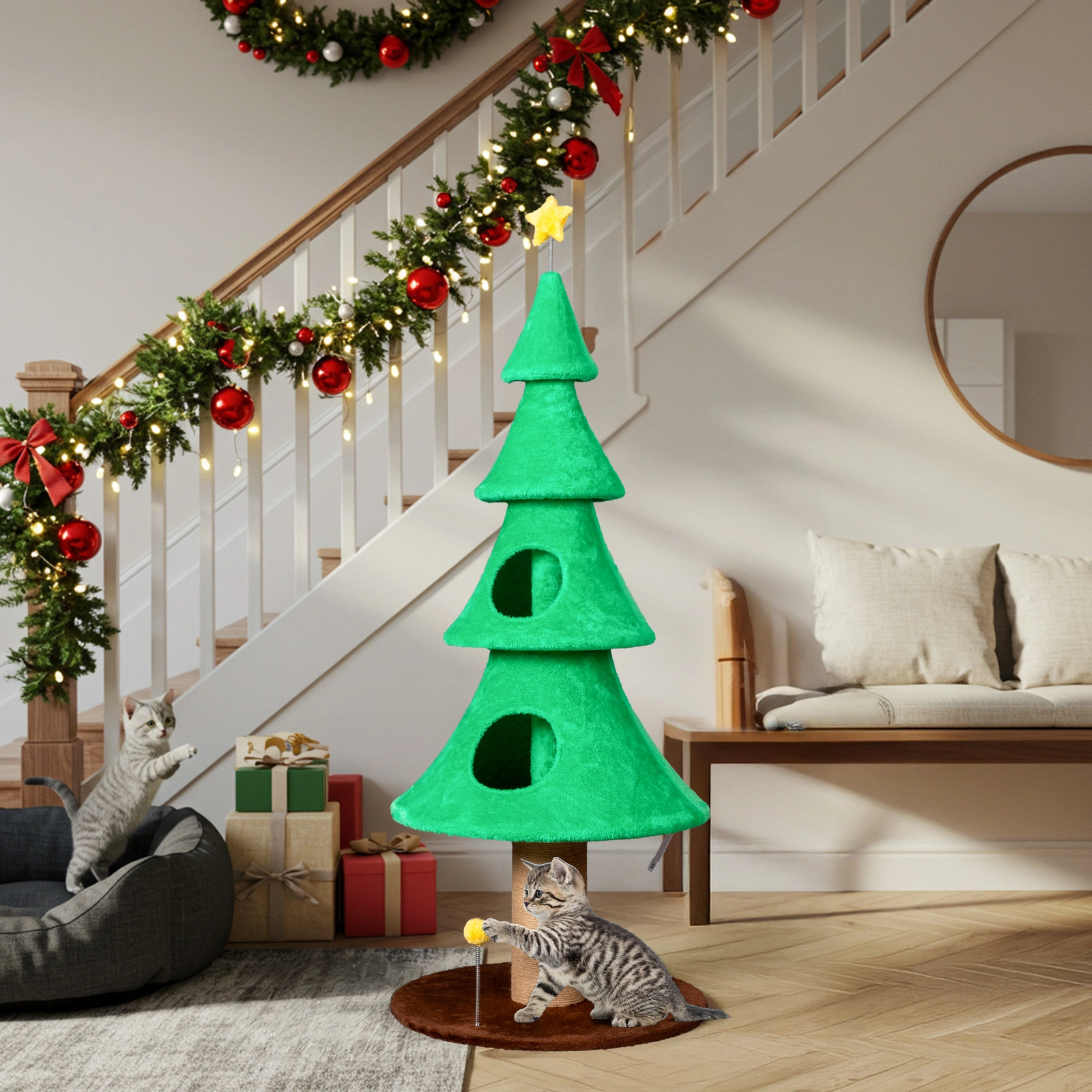 59in Large Tall Christmas Tree Cat Tower with 2 Cat Condos & Scratching Post, Soft Fleece Cat Tree with Teaser Toy & Sturdy Base & Built-in Openings for Indoor Cats, Green view 7
