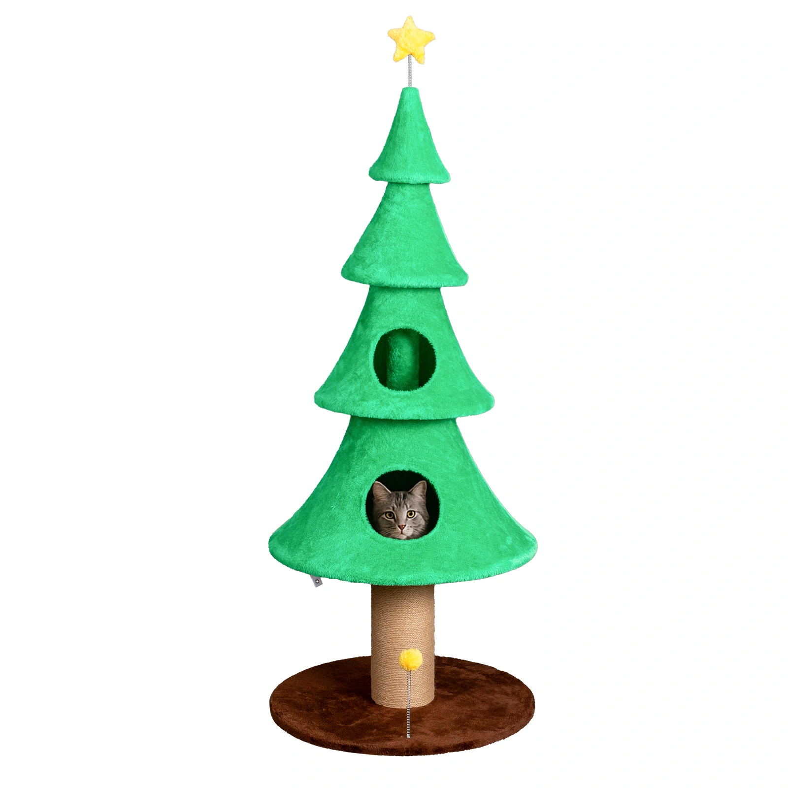 59in Large Tall Christmas Tree Cat Tower with 2 Cat Condos & Scratching Post, Soft Fleece Cat Tree with Teaser Toy & Sturdy Base & Built-in Openings for Indoor Cats, Green view 9