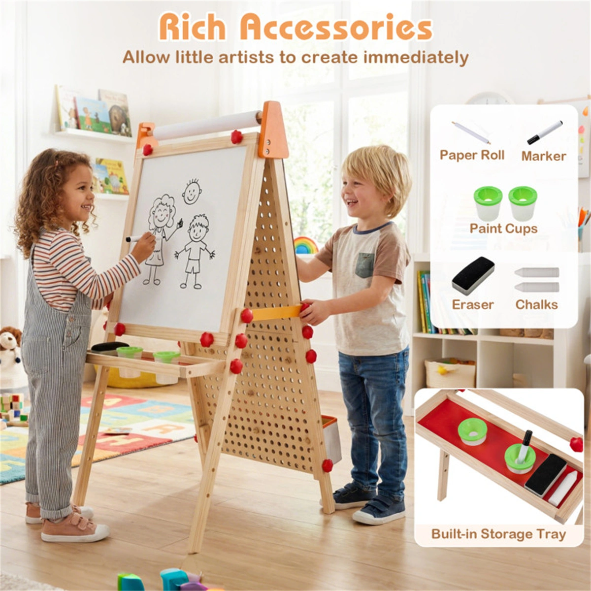 4-in-1 Kids Art Easel with Marble Run, Adjustable Height Double-Sided Drawing Easel with Paper Roll & Storage view 11