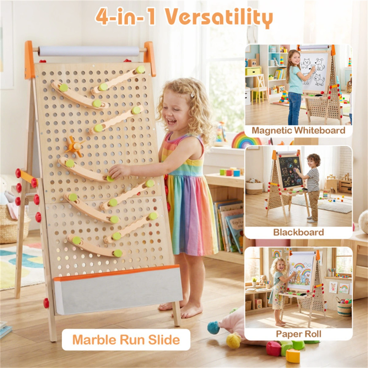 4-in-1 Kids Art Easel with Marble Run, Adjustable Height Double-Sided Drawing Easel with Paper Roll & Storage view 12