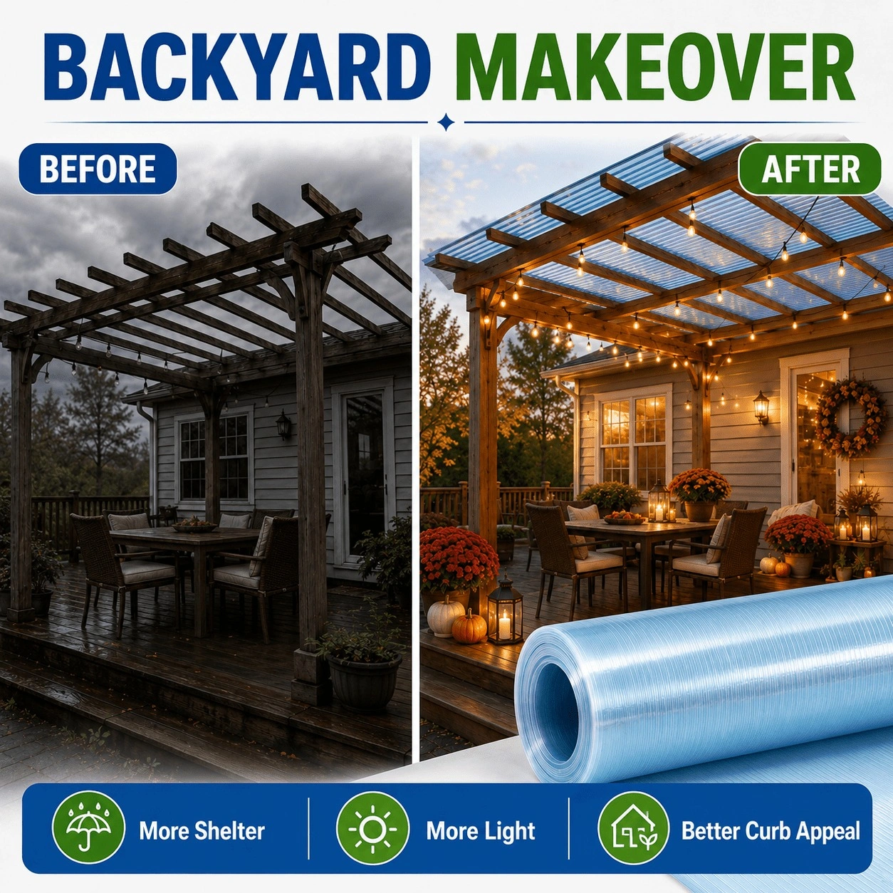 3.3x32ft Polycarbonate Roof Panel Roll, Clear Insulated Rainproof Greenhouse Panels, Glass Fiber Canopy Cover view 11