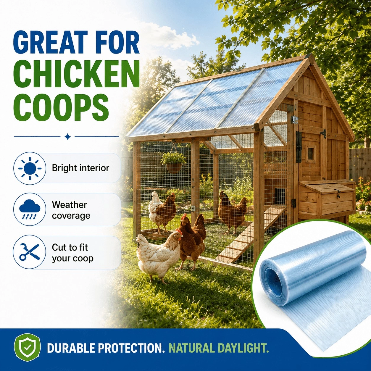3.3x32ft Polycarbonate Roof Panel Roll, Clear Insulated Rainproof Greenhouse Panels, Glass Fiber Canopy Cover view 5