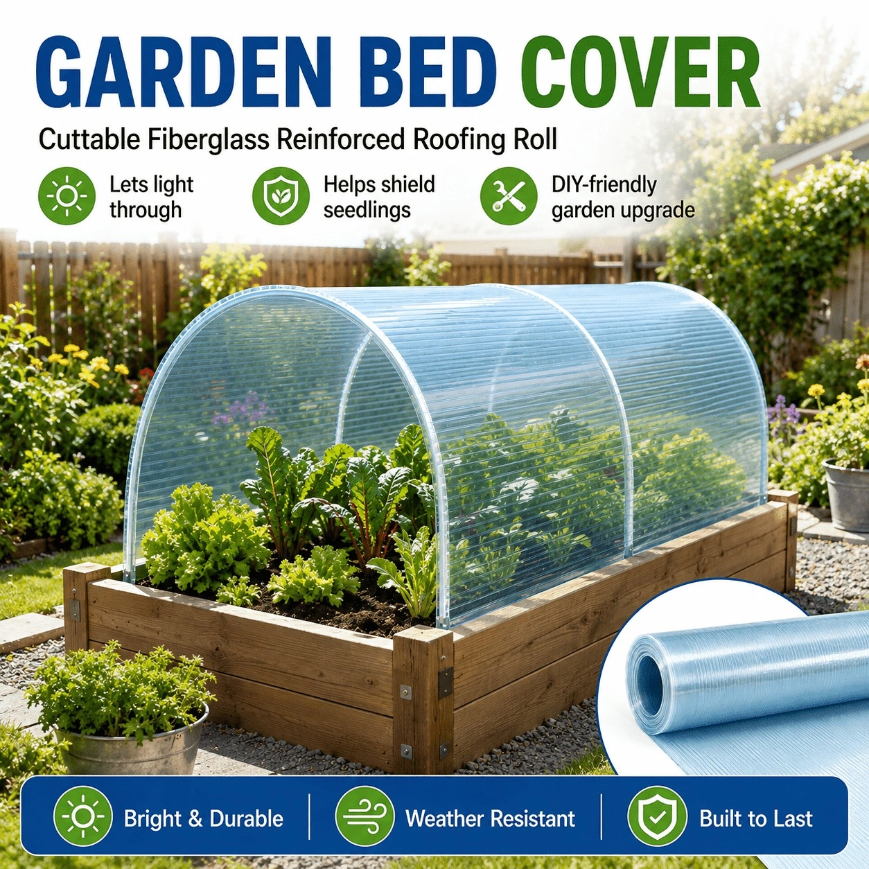 3.3x32ft Polycarbonate Roof Panel Roll, Clear Insulated Rainproof Greenhouse Panels, Glass Fiber Canopy Cover view 7