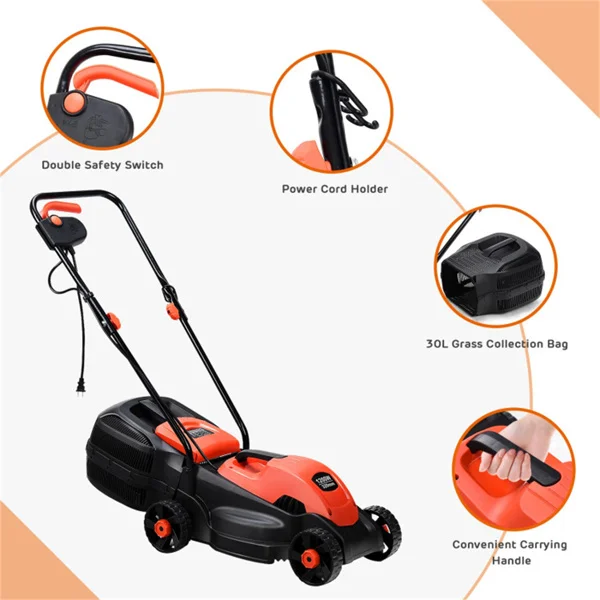 13-Inch Electric Lawn Mower with 8 Gal Grass Collection Box, 3 Adjustable Cutting Heights, Lightweight 15.5LBS Push Mower for Garden - Red view 5