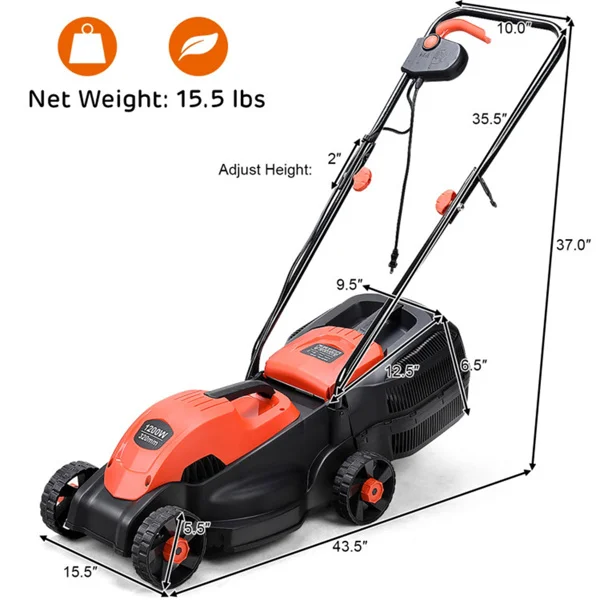 13-Inch Electric Lawn Mower with 8 Gal Grass Collection Box, 3 Adjustable Cutting Heights, Lightweight 15.5LBS Push Mower for Garden - Red view 6