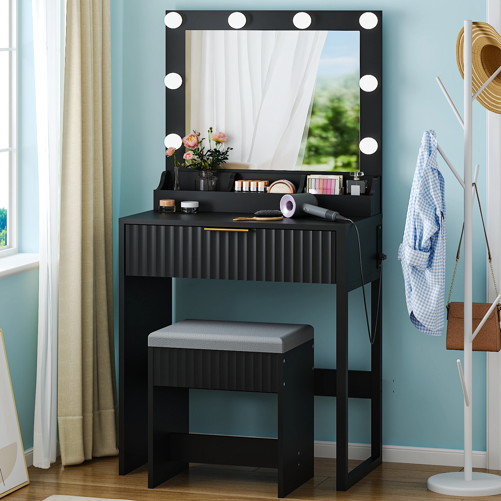 Black particleboard with a 3-compartment, 1-drawer dressing table set with 8 three-tone light bulbs, power strip, and grille series