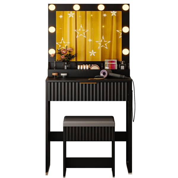 Black particleboard with a 3-compartment, 1-drawer dressing table set with 8 three-tone light bulbs, power strip, and grille series view 2