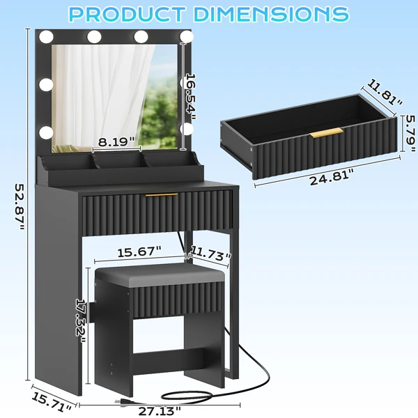 Black particleboard with a 3-compartment, 1-drawer dressing table set with 8 three-tone light bulbs, power strip, and grille series view 4